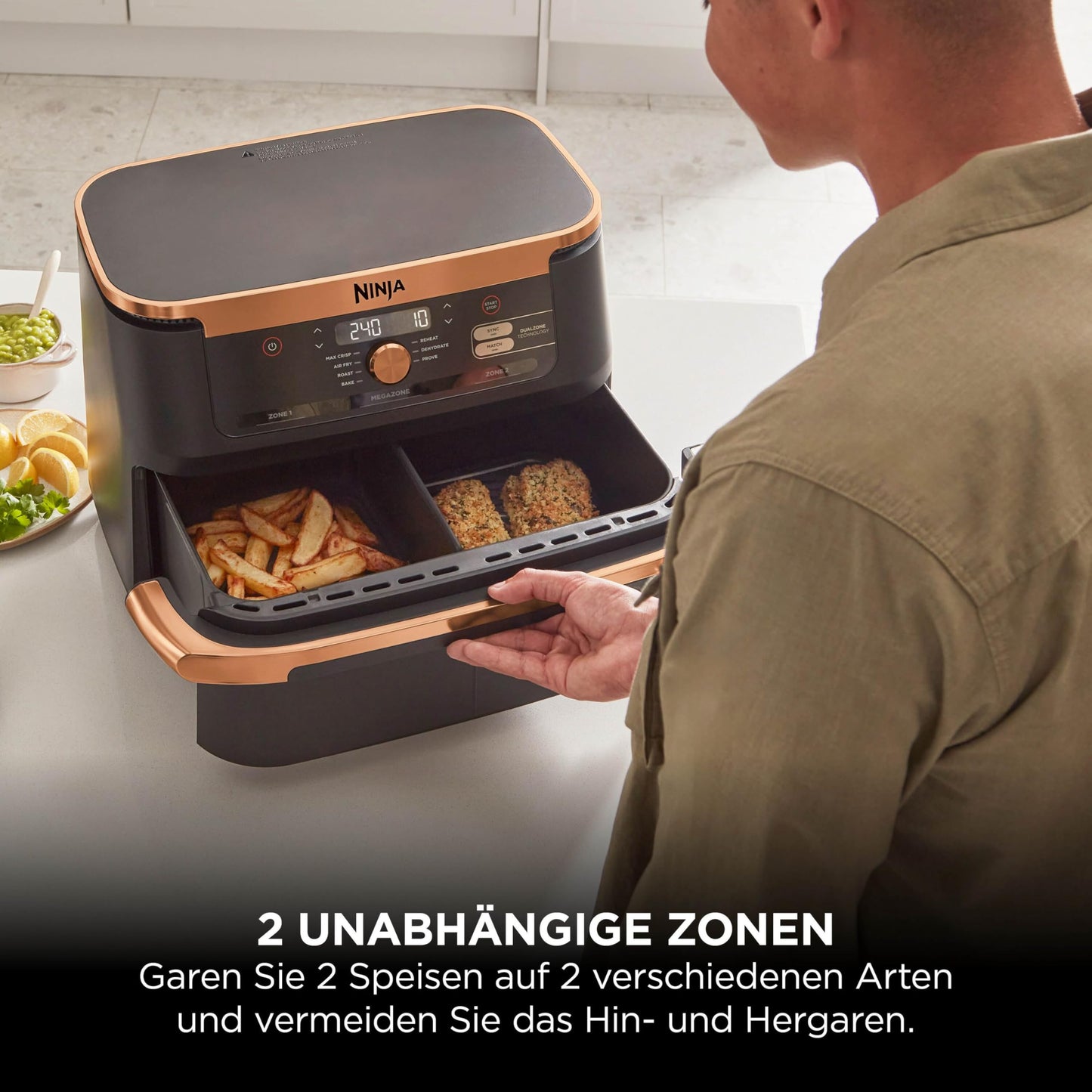 Ninja Foodi FlexDrawer Dual Zone Air Fryer, Air Fryer with 10.4 Compartment and Removable Divider, Non-Stick Coating, Dishwasher Safe Basket, 7-in-1, Black & Copper, AF500EUCP