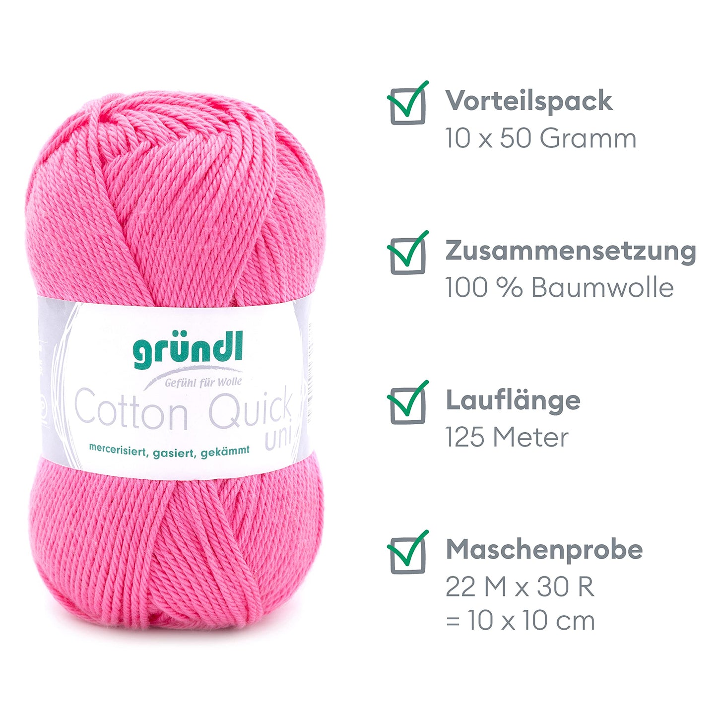Gründl Wolle Cotton Quick uni - wool for crocheting made from 100% cotton - wool for knitting - shiny cotton yarn 10 balls 50 g / 125 m - raspberry - 865-107