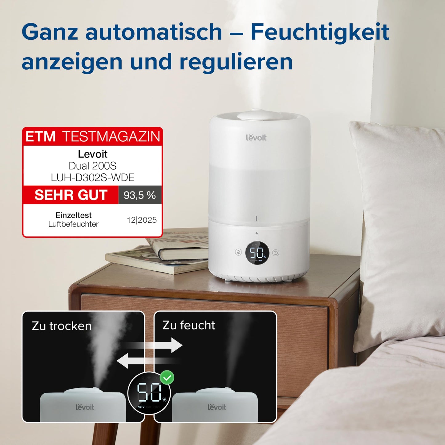 Levoit Smart Humidifier Bedroom, 20dB Quiet, Top-Fill Humidifier for Baby, Humidity Sensor, Room Humidifier with 360° Rotating Nozzle for Children's Room, Plants, 3 L, Cream White - LUH-D302S-WDE
