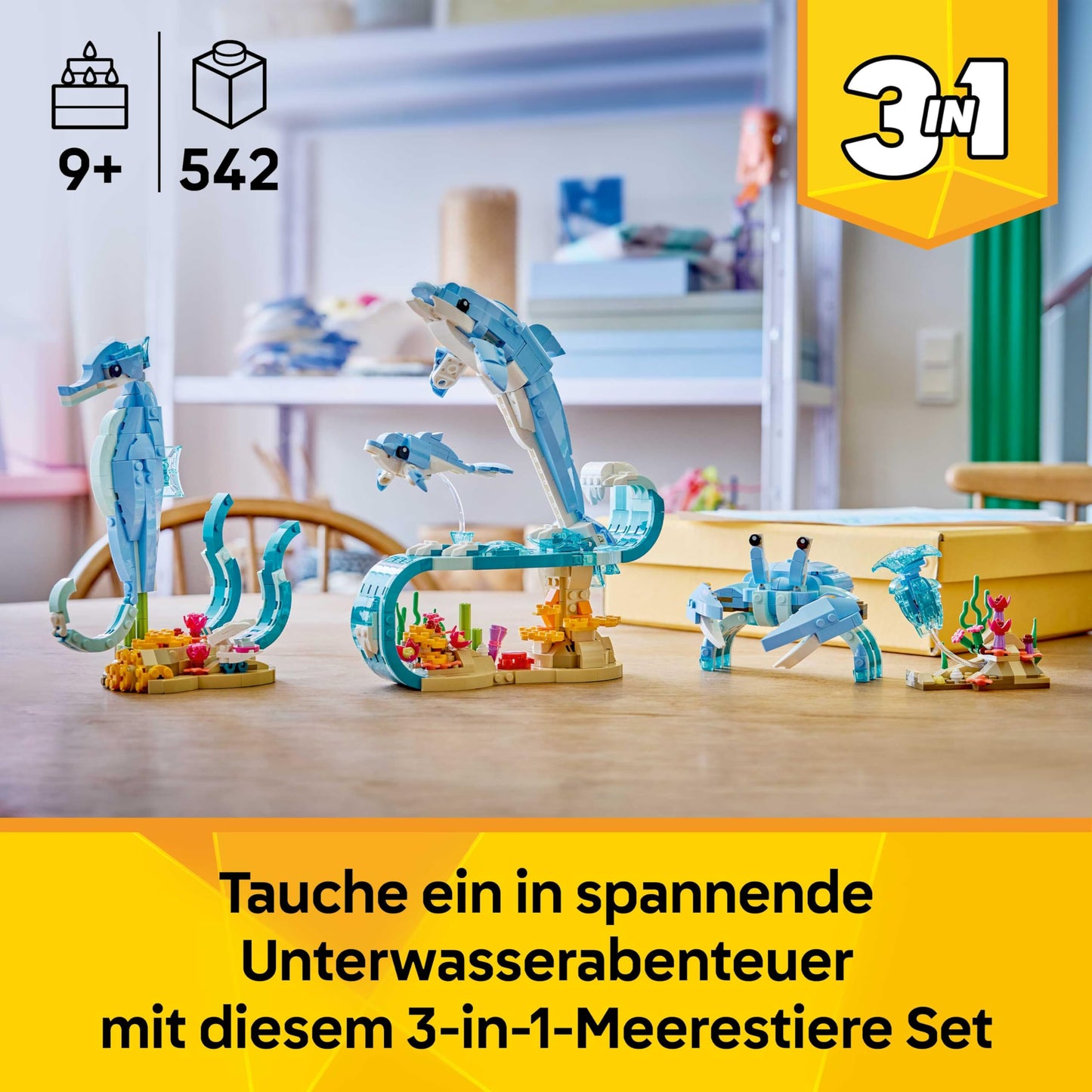 LEGO Creator 3-in-1 Sea Creatures Set: Beautiful Dolphins - Animal Figures - Set with 3 Options: Dolphins, Seahorses & Crab - Toys for Ages 9+ - Gift for Girls & Boys - 31385