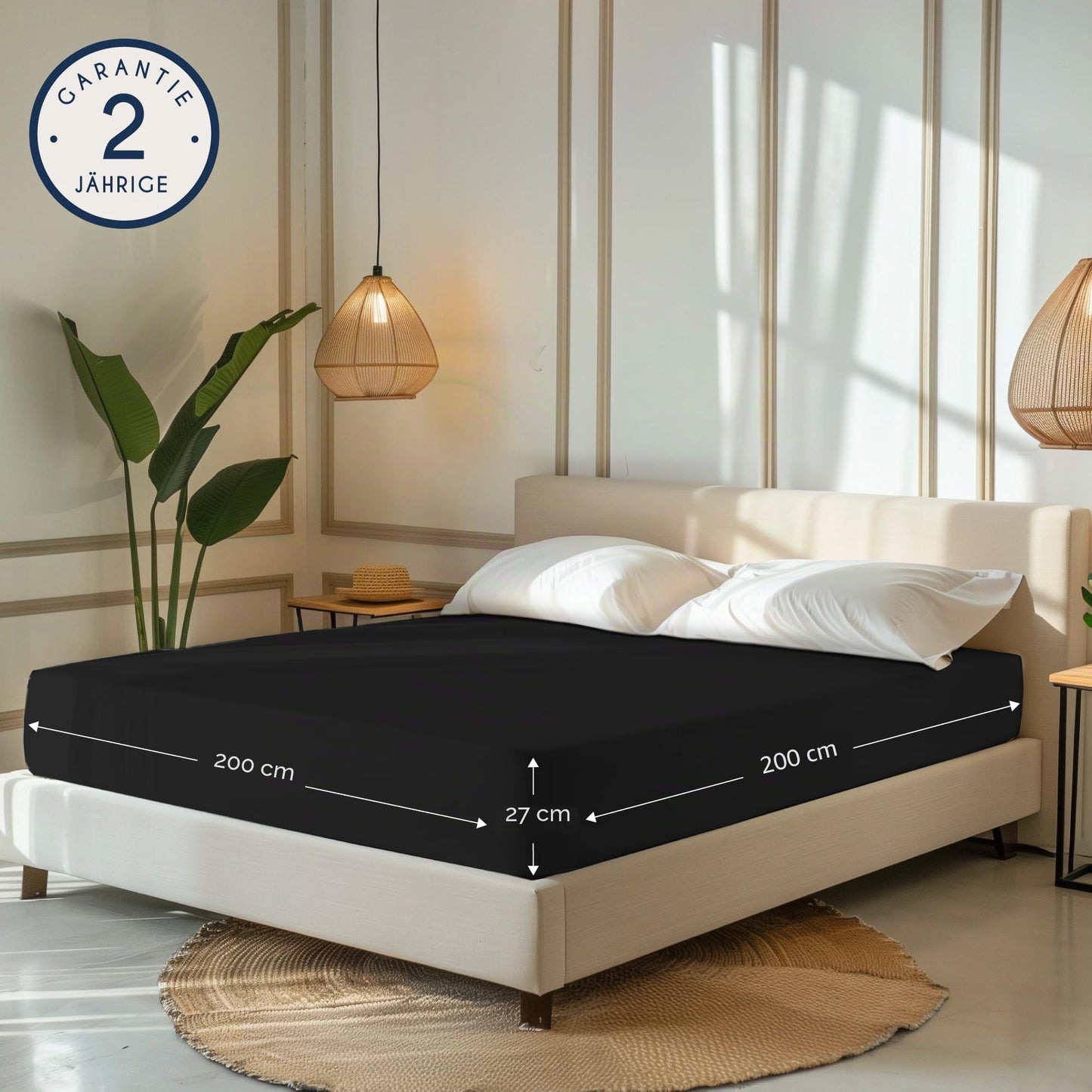 Dreamzie - fitted sheet 200x200cm - cotton Oeko Tex certified - black - 100% jersey fitted sheet 200x200 - DHC_200x200_Bk_2