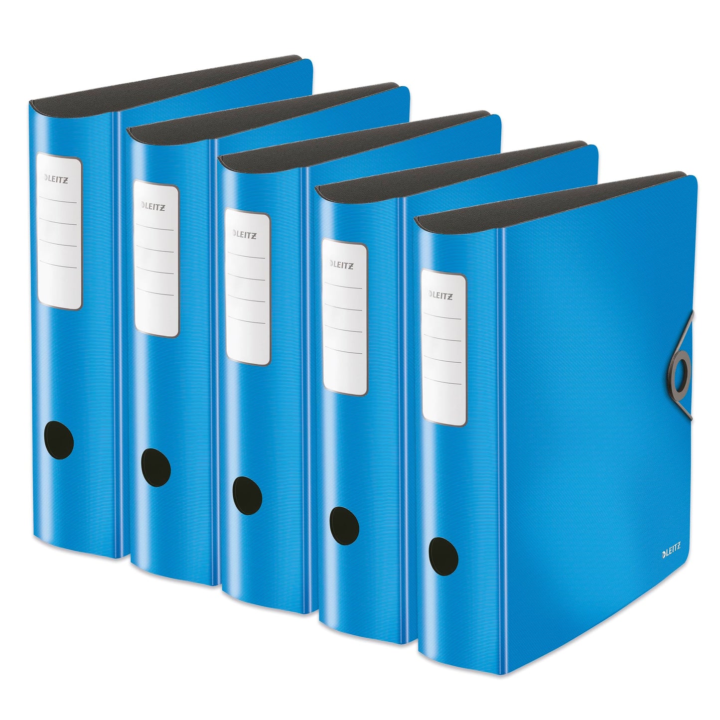 Leitz quality folder 180° Active Solid, pack of 5, A4, wide, rounded spine, 8.2 cm wide, elastic band closure, light polyfoam, plastic folder, light blue, 10471030 - 10471030-5