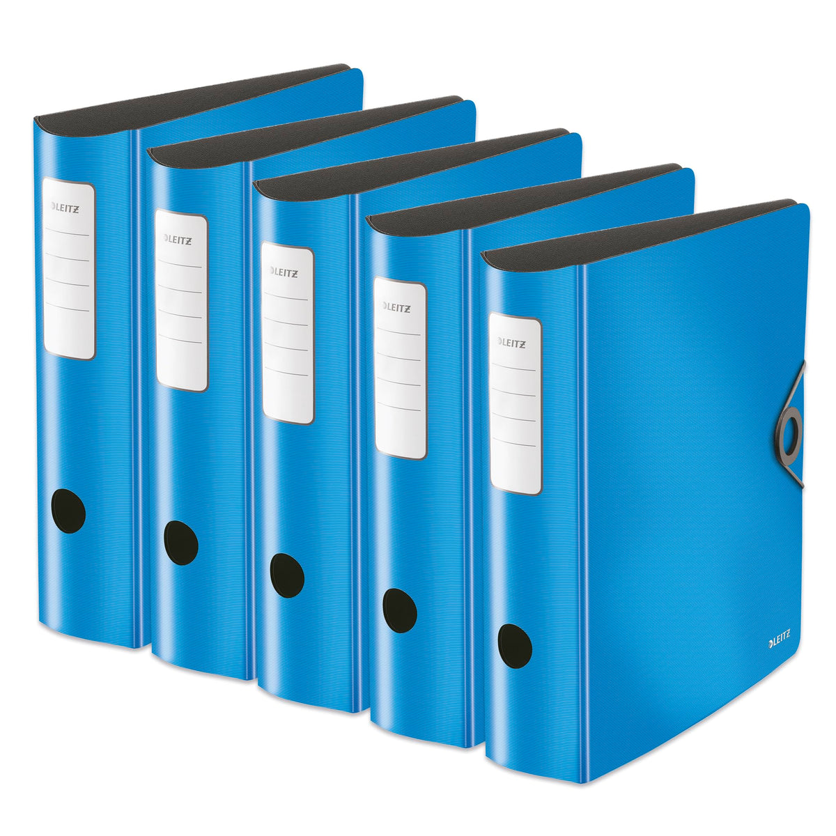 Leitz quality folder 180° Active Solid, pack of 5, A4, wide, rounded spine, 8.2 cm wide, elastic band closure, light polyfoam, plastic folder, light blue, 10471030 - 10471030-5