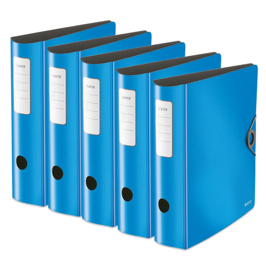 Leitz quality folder 180° Active Solid, pack of 5, A4, wide, rounded spine, 8.2 cm wide, elastic band closure, light polyfoam, plastic folder, light blue, 10471030 - 10471030-5