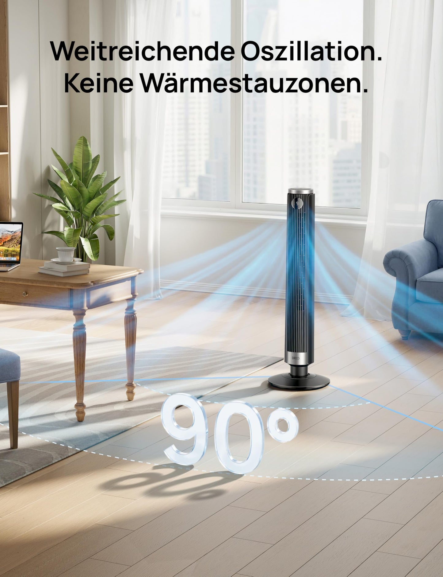 DREO Smart 102-114cm tower fan for bedroom, height adjustable, 8.4m/s, DC motor, 9 levels, 4 modes, 90° oscillation, pedestal fan, 20dB quiet, 12H timer for home and office, Google/Alexa - DR-HTF024S