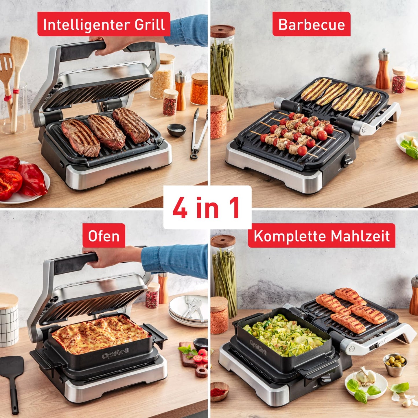 Tefal OptiGrill 4in1 contact grill with baking tray, foldable, table grill, 9 automatic programs, cooking level display, dishwasher-safe parts, electric grill, oven, GC776D10