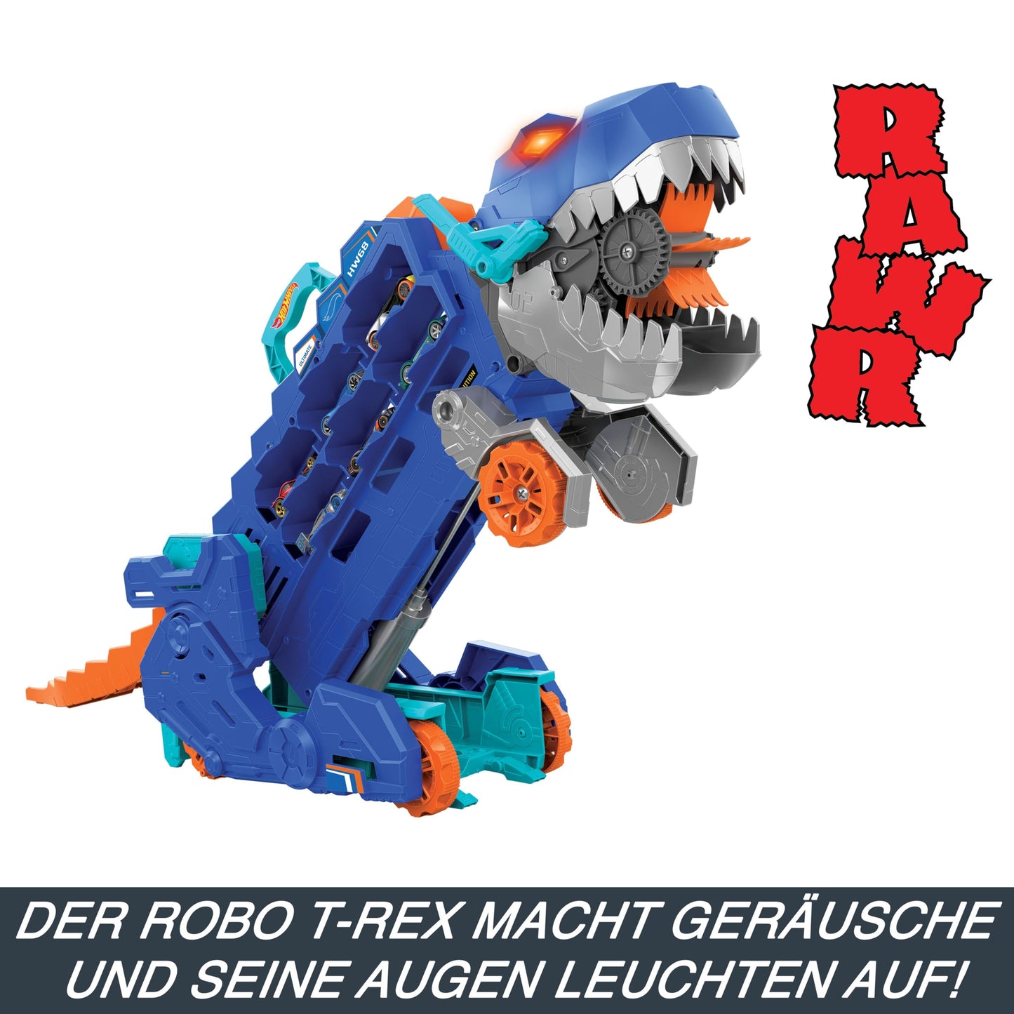 Hot Wheels Let's Race Netflix -2:1 transporter for T-Rex with including car racing track, with lighting and sounds, including 2 toy cars, space for 20 cars, Hot Wheels Dino, toys from 4 years, HNG50
