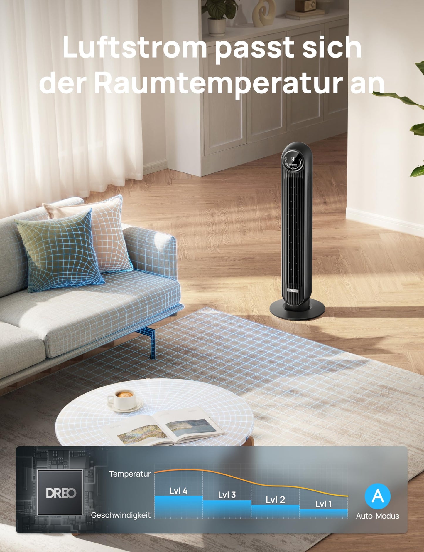 DREO Smart Quiet Tower Fan, APP & Voice Control, 90° Oscillating Fan with Remote Control, 4 Modes, 4 Speeds, 8 Hour Timer, Nomad One S, Black - DR-HTF007S