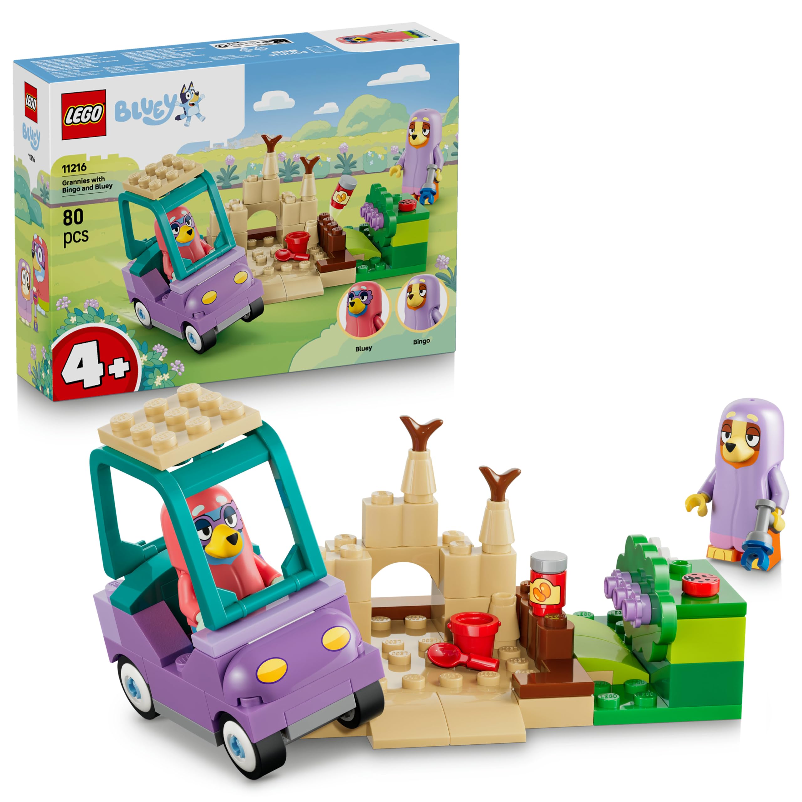 LEGO Bluey Grandmas with Bingo and Bluey - educational toy with car, 2 minifigures & garden - Montessori set - birthday gift for girls and boys aged 4 and over - 11216