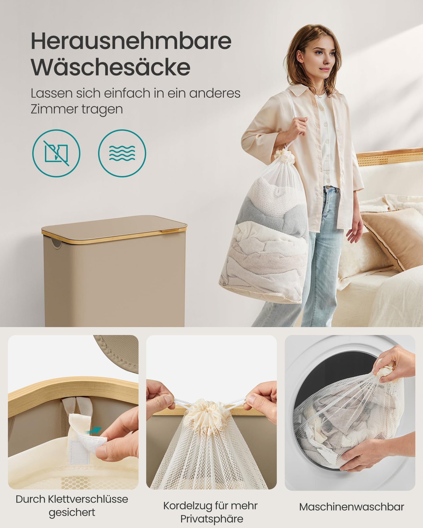 SONGMICS Laundry Basket with Lid, Laundry Hamper with 2 Compartments, 130L, Removable Laundry Bag, Oxford Fabric, Bamboo Handles, Foldable, 52 x 38.5 x 70.5 cm, Camel Brown LCB513LJ01 - PCT611W01