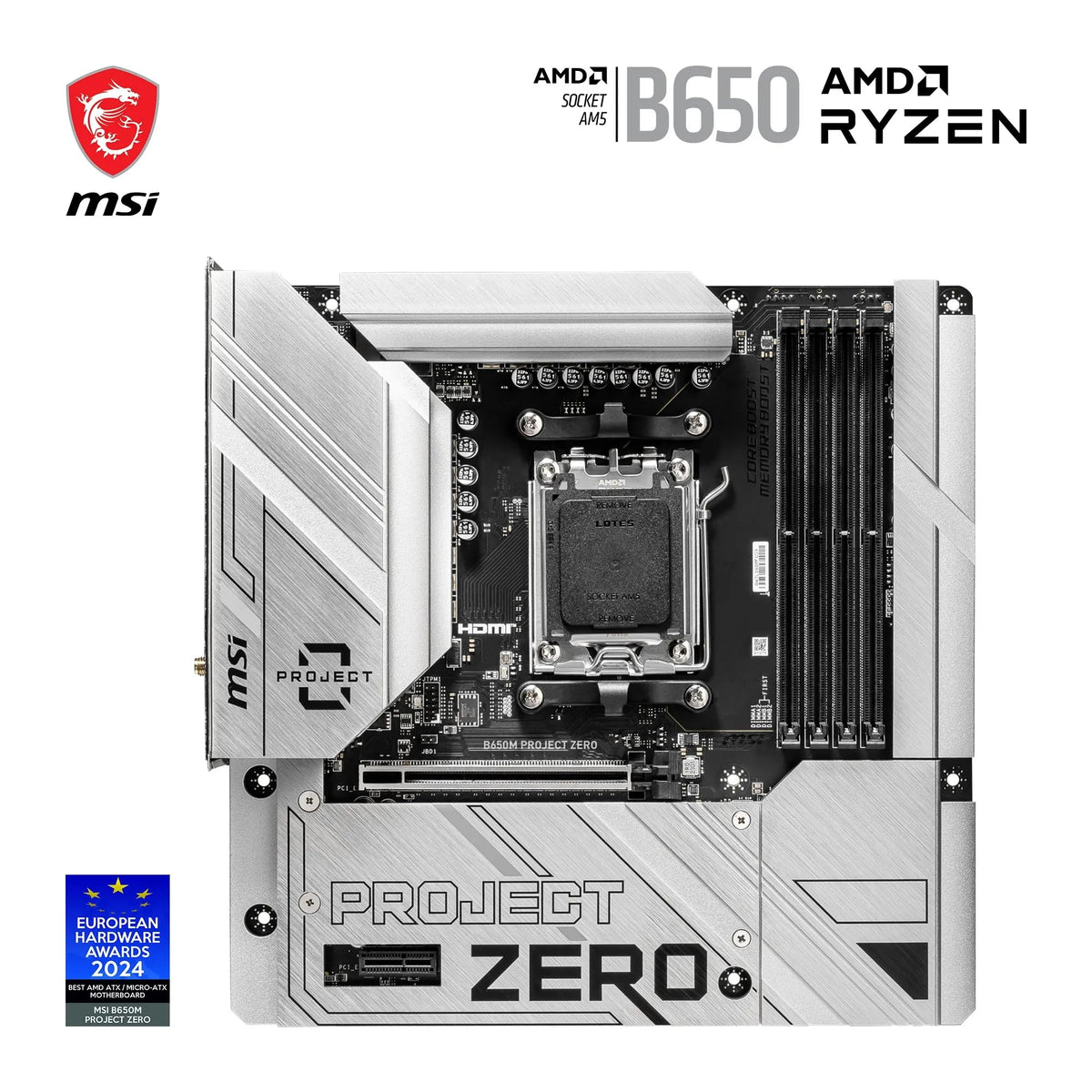 Placa de bază MSI B650M Project Zero, Micro-ATX Back-Connect - Suportă procesoare din seria Ryzen 9000, 8000 și 7000, AM5 - Memorie DDR5 Boost 6400+MHz/OC, 1 x PCIe 4.0 x16, 2 x M.2 Gen4, Wi-Fi 6E - 7E09-003R