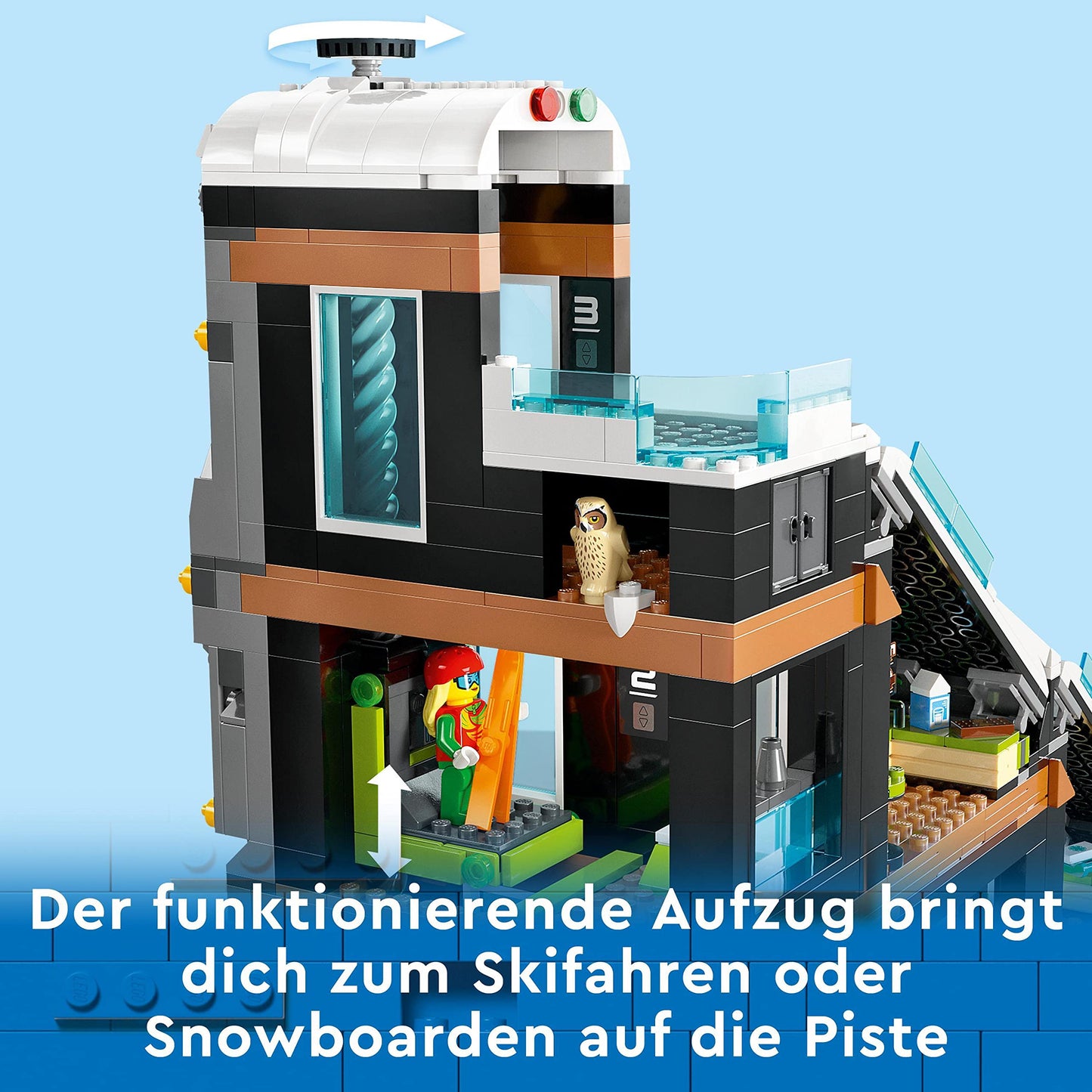 LEGO 60366 City Winter Sports Park, set with winter sports shop, café and a working lift for skiers, toy with 8 minifigures and an owl figure, building with modules, 2023 gift