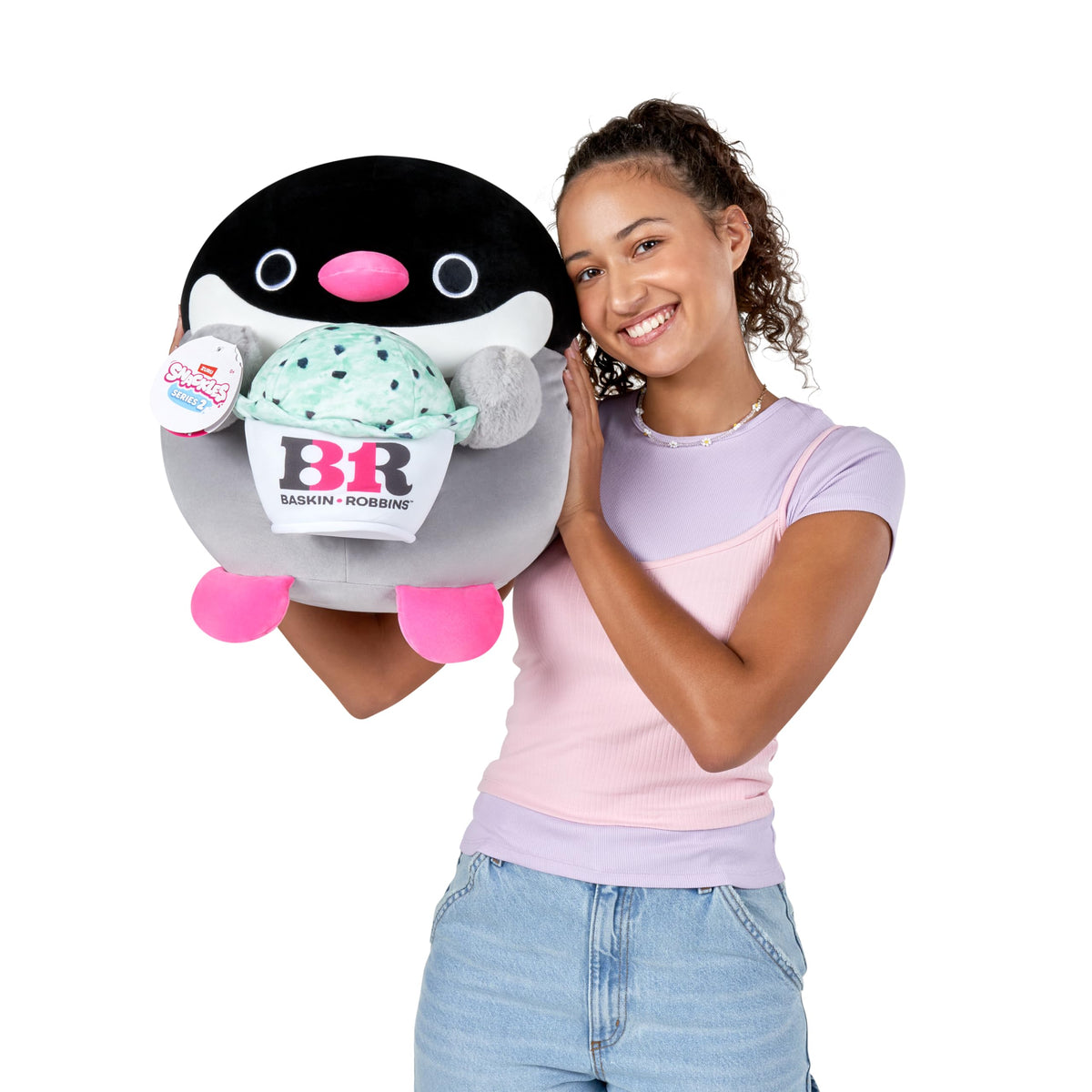 Snackles, Series 2, Penguin (Baskin Robbin), Plush Toy, Cuddly Squishy Comfort Plush with Licensed Snack Brand Accessory, Large (40 cm), Brown Box, (Penguin) - 77606G