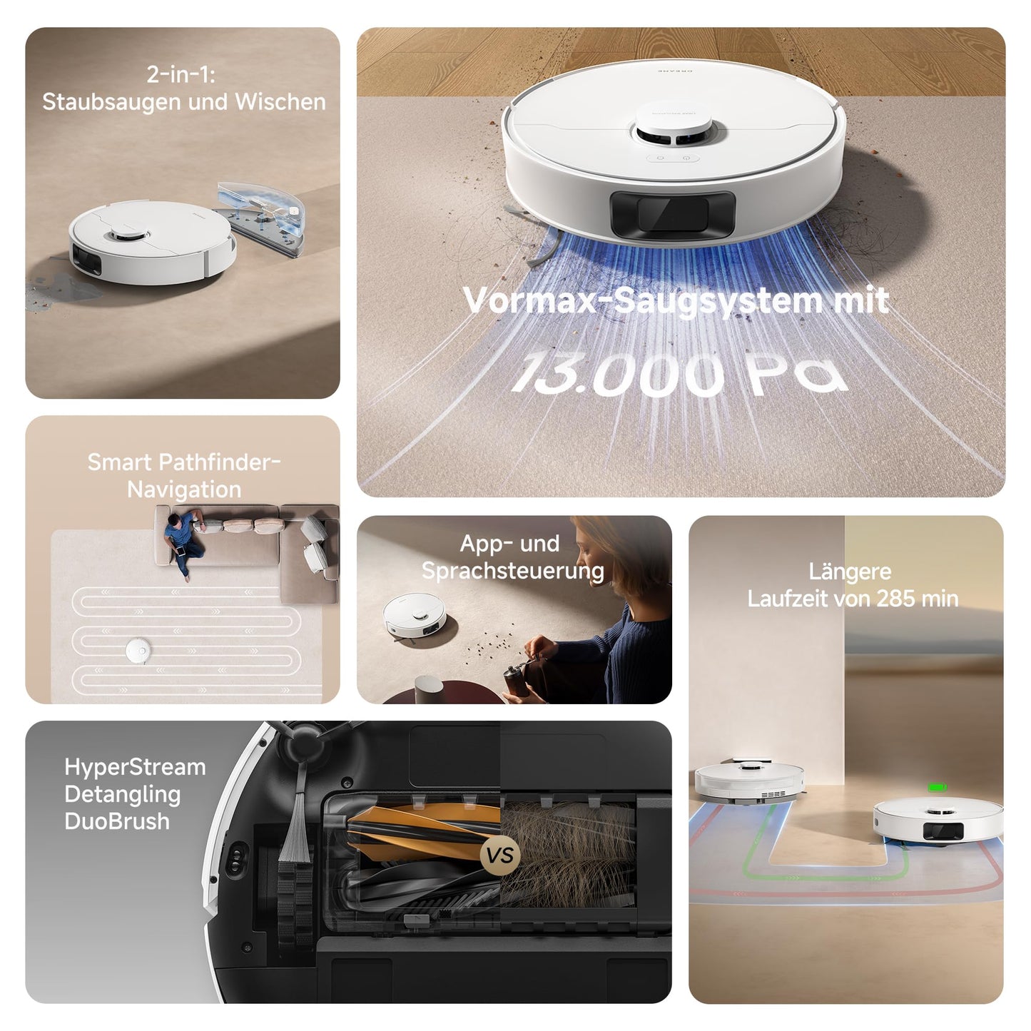 dreame D20 robot vacuum cleaner, 13,000 Pa suction power, DuoBrush for pet hair, LDS navigation, 2-in-1: vacuuming and mopping, hard floors and carpets, 5,200 mAh battery, app and voice control - RLD35GA
