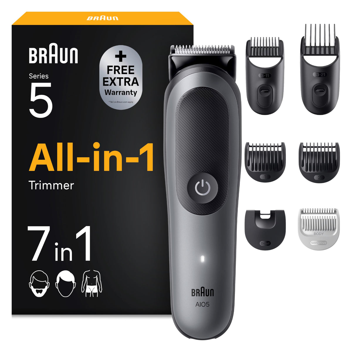 Braun Multigroom All-in-One Series 5, 7-in-1 Trimmer, AIO5520, Gray - 7500435245128