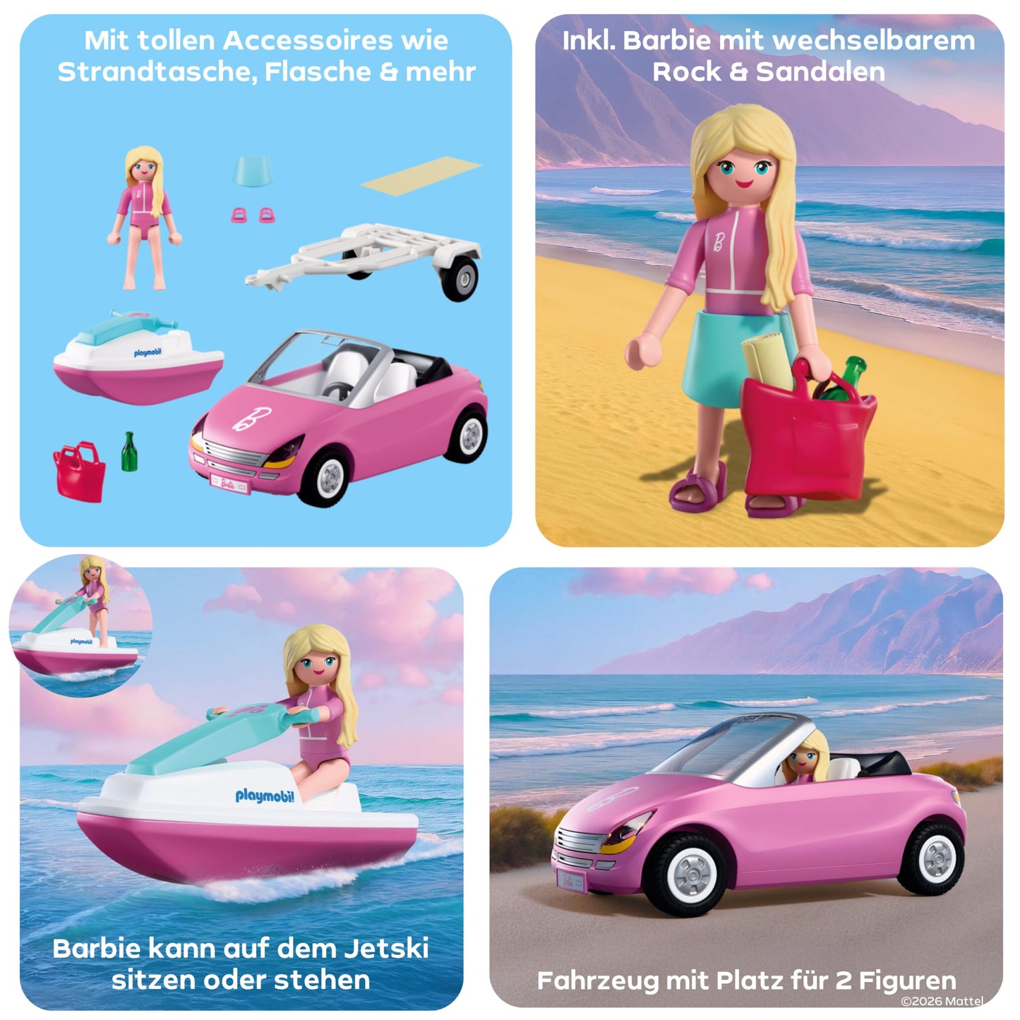 PLAYMOBIL Barbie Convertible | Convertible with trailer & jet ski | Summer Adventures with Barbie on the Malibu Coast | Vehicle & water fun | Creative playset for children aged 4 and over | 72123