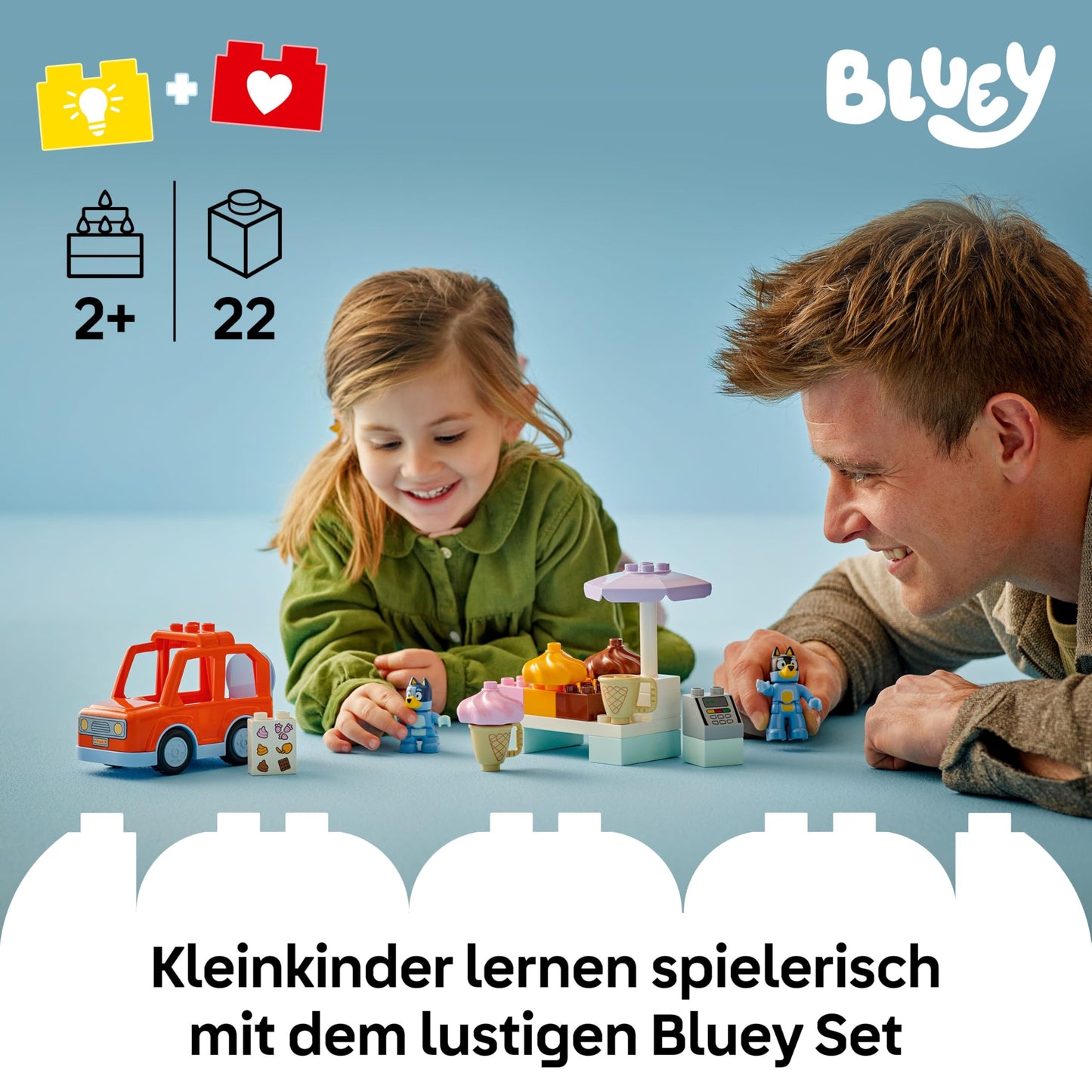 LEGO DUPLO Bluey: Trip to the ice cream parlor with Bluey - educational toy for toddlers - with toy car and 2 minifigures - gift for girls and boys aged 2 and over - 10458