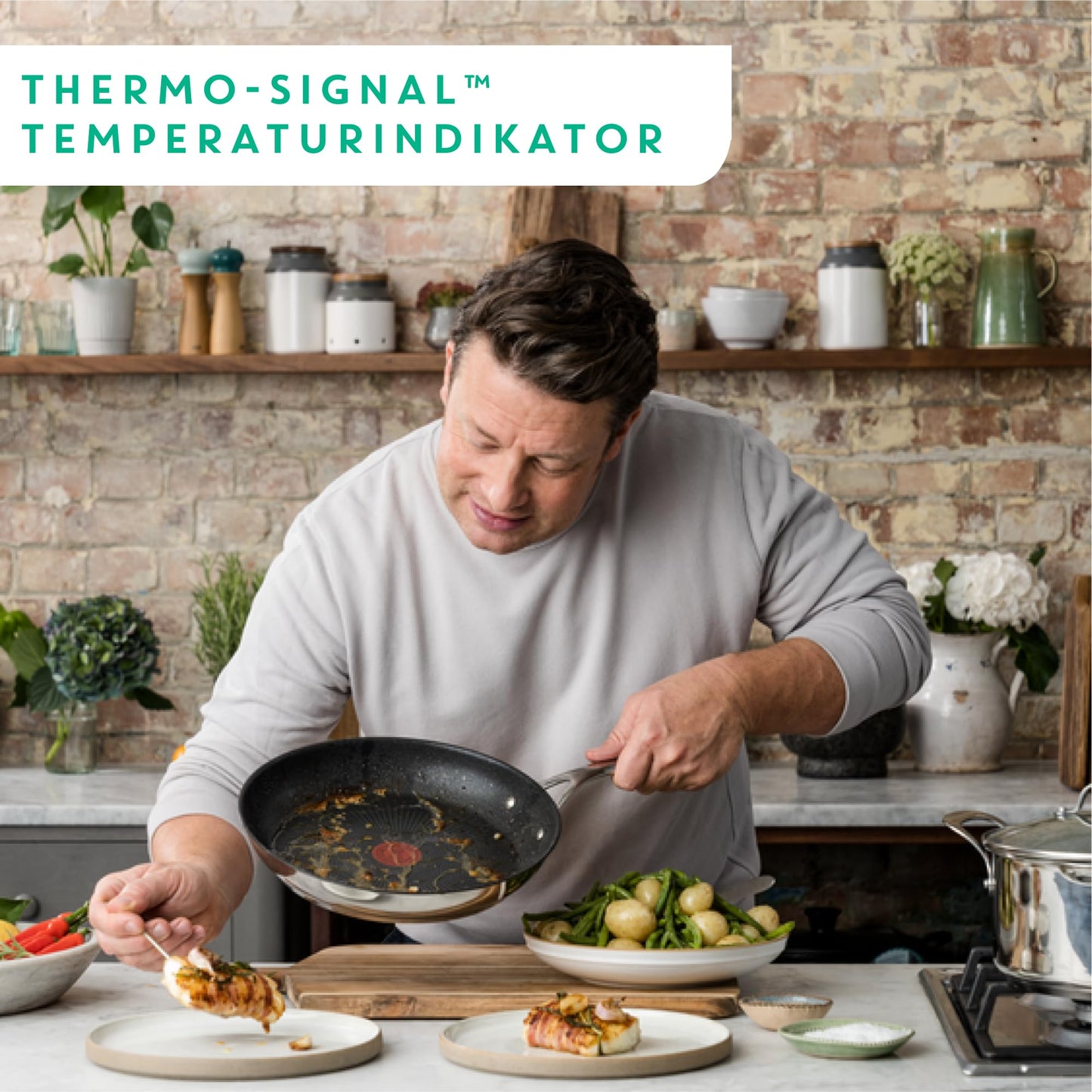 Tefal Jamie Oliver Cook's Direct On pan set 20/24/28 cm, thermal signal at ideal frying temperature, non-stick, induction frying pans, rustproof, oven safe, riveted handle, E304S344