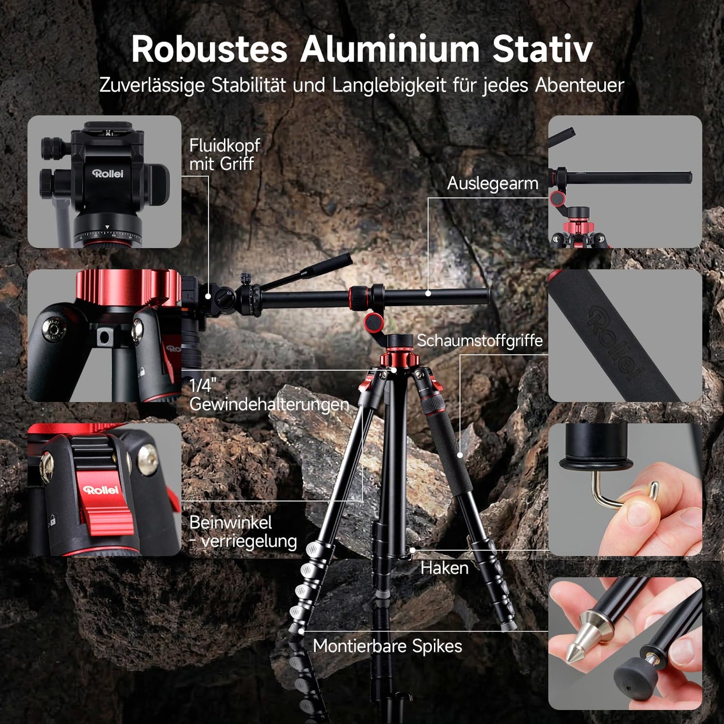 Rollei Compact Traveler No.2 XL video tripod camera with extension arm 212cm - 26980