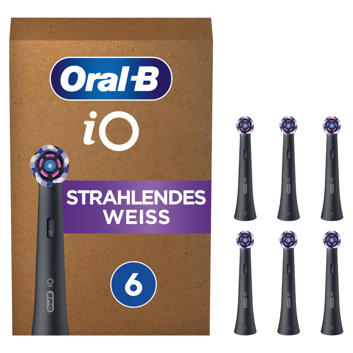 Oral-B iO Radiant White Replacement Brush Heads for Electric Toothbrush, 6 pieces, whitening tooth cleaning, original brush head for Oral-B iO toothbrushes, mailbox-friendly packaging, Black - 8006540854587