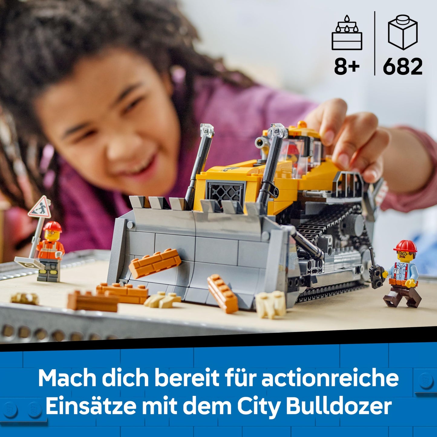 LEGO City Yellow Bulldozer Set - toy construction site, construction and play set - realistic construction machine with driver and 2 construction workers - gift idea for children aged 8 and over - 60466
