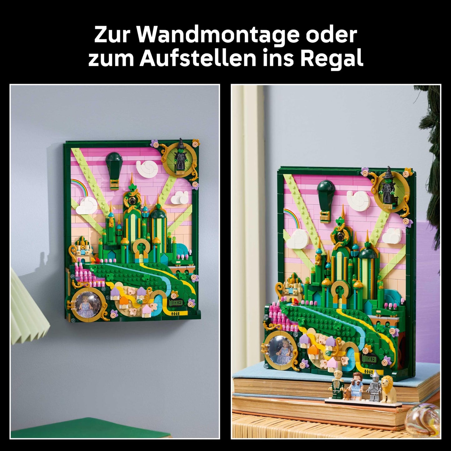 LEGO Wicked Emerald City wall art - 3D model for adults - model building with 6 minifigures including Dorothy and Toto dog figure - DIY decoration for the living room - gift for film fans - 75685