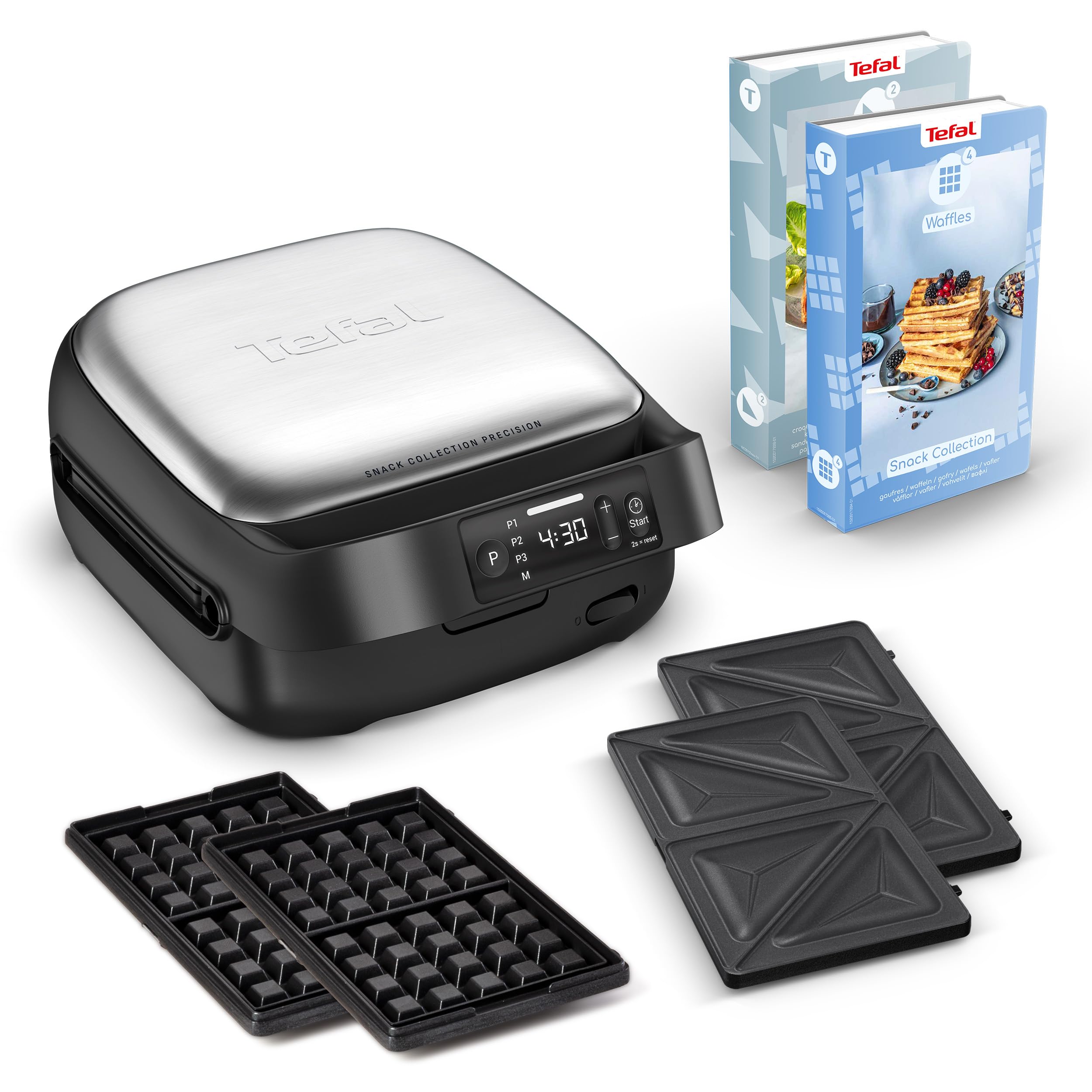Aparat pentru sandvișuri și vafe Tefal Snack Collection Precision, 3 programe presetate, ecran digital cu temporizator, înveliș antiaderent, design ce economisește spațiu, argintiu/negru, SW872BF0