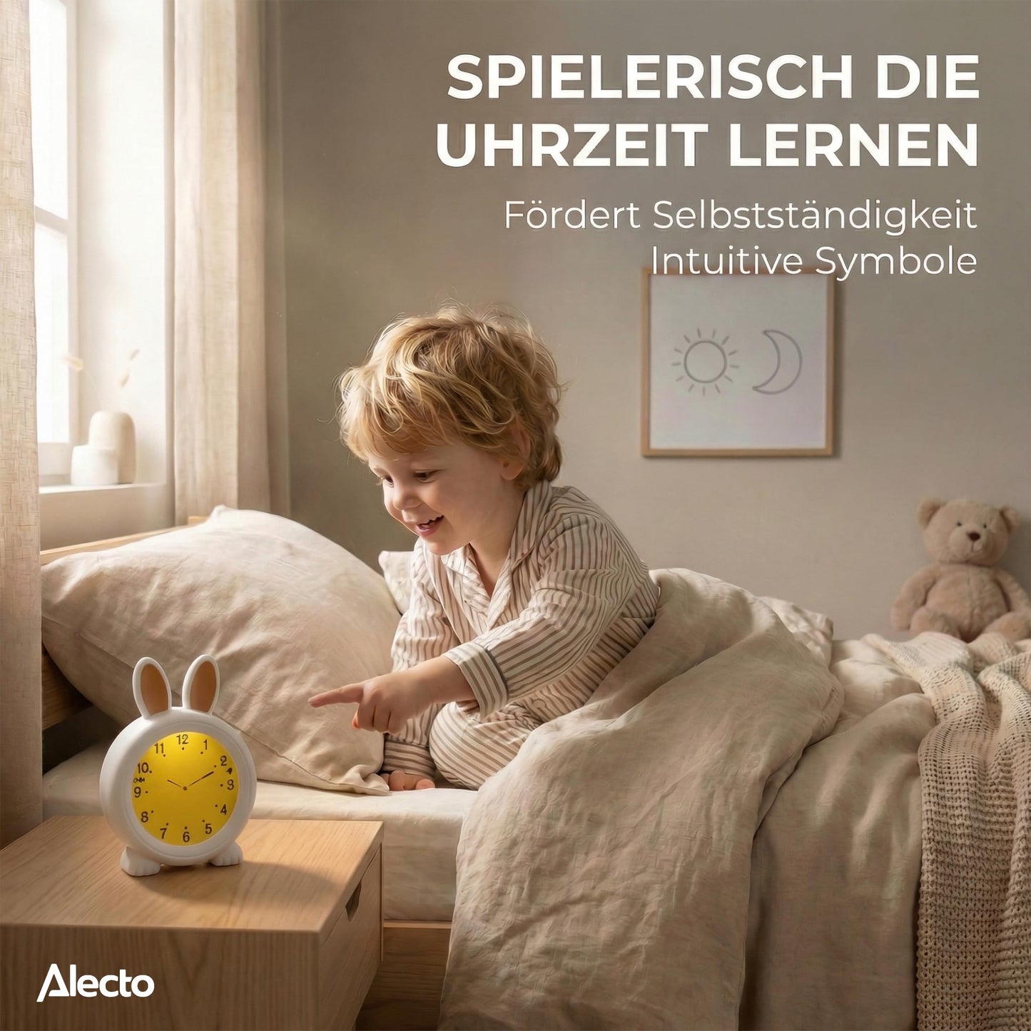 Alecto Monkey Alarm Clock Children - Children's Alarm Clock USB Rechargeable - Children's Alarm Clock with Night Light - Sleep Trainer (White) - BC100