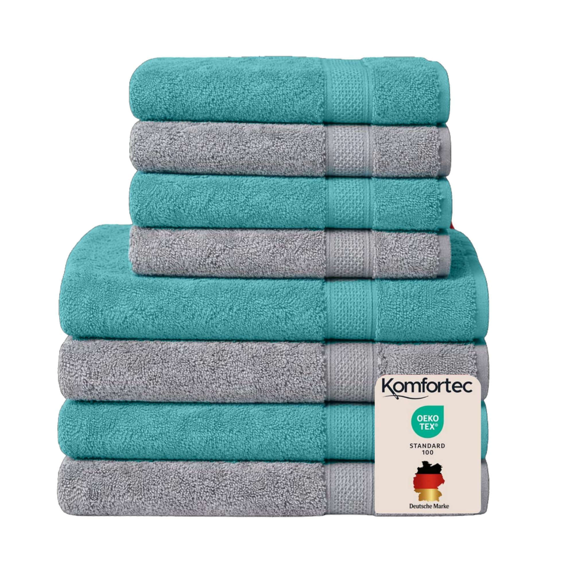 Set Komfortec de 8 prosoape, 4 prosoape de baie 70x140 cm și 4 prosoape de mâini 50x100 cm, frotir 100% bumbac, pufos și absorbant, gri antracit/aqua - 4er-50x100-und-4er-70x140-anth-aqua