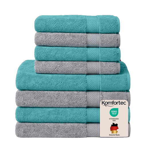 Set Komfortec de 8 prosoape, 4 prosoape de baie 70x140 cm și 4 prosoape de mâini 50x100 cm, frotir 100% bumbac, pufos și absorbant, gri antracit/aqua - 4er-50x100-und-4er-70x140-anth-aqua
