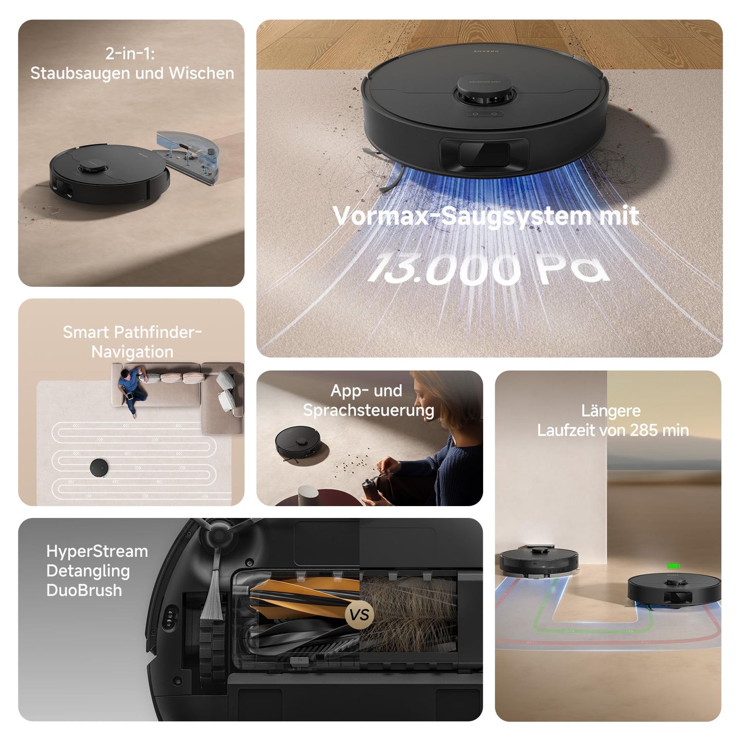dreame D20 robot vacuum cleaner, 13,000 Pa suction power, DuoBrush for pet hair, LDS navigation, 2-in-1: vacuuming and mopping, hard floors and carpets, 5,200 mAh battery, app and voice control - RLD35GA