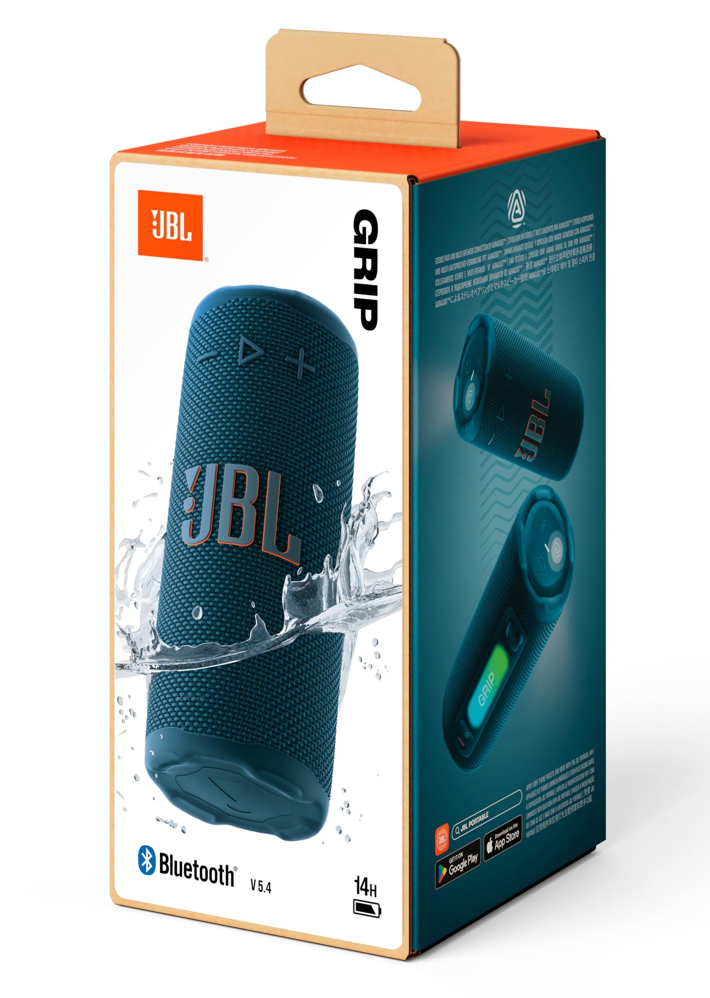 JBL Grip Compact Bluetooth Speaker, JBL Pro Sound with AI Sound Boost, IP68 Waterproof and Dustproof, Ambient Light, Up to 14h Playback, Auracast Multi-Speaker, JBL Portable App, Blue - JBLGRIPBLU