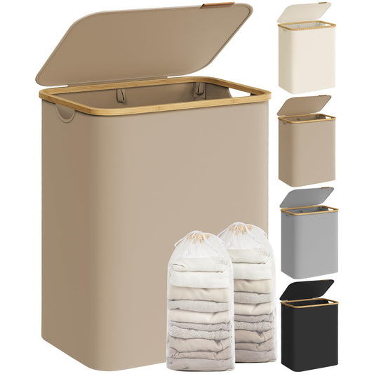 SONGMICS Laundry Basket with Lid, Laundry Hamper with 2 Compartments, 130L, Removable Laundry Bag, Oxford Fabric, Bamboo Handles, Foldable, 52 x 38.5 x 70.5 cm, Camel Brown LCB513LJ01 - PCT611W01