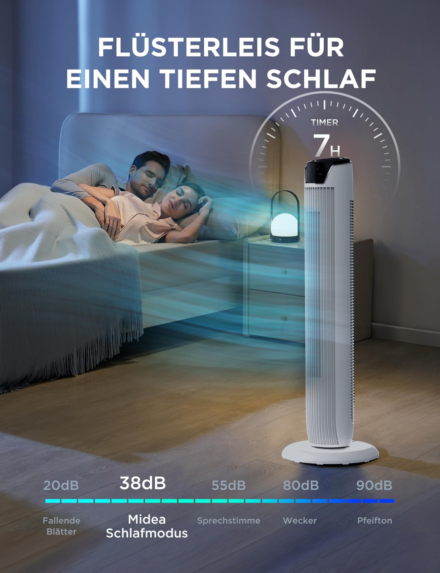 Midea FZ10-17JR(WH) Tower Fan Quiet with Remote Control 92CM, Mobile Fan, Column Fan, 7 Hour Timer, 3 Modes, 3 Speeds, 45W Stand Fan, White