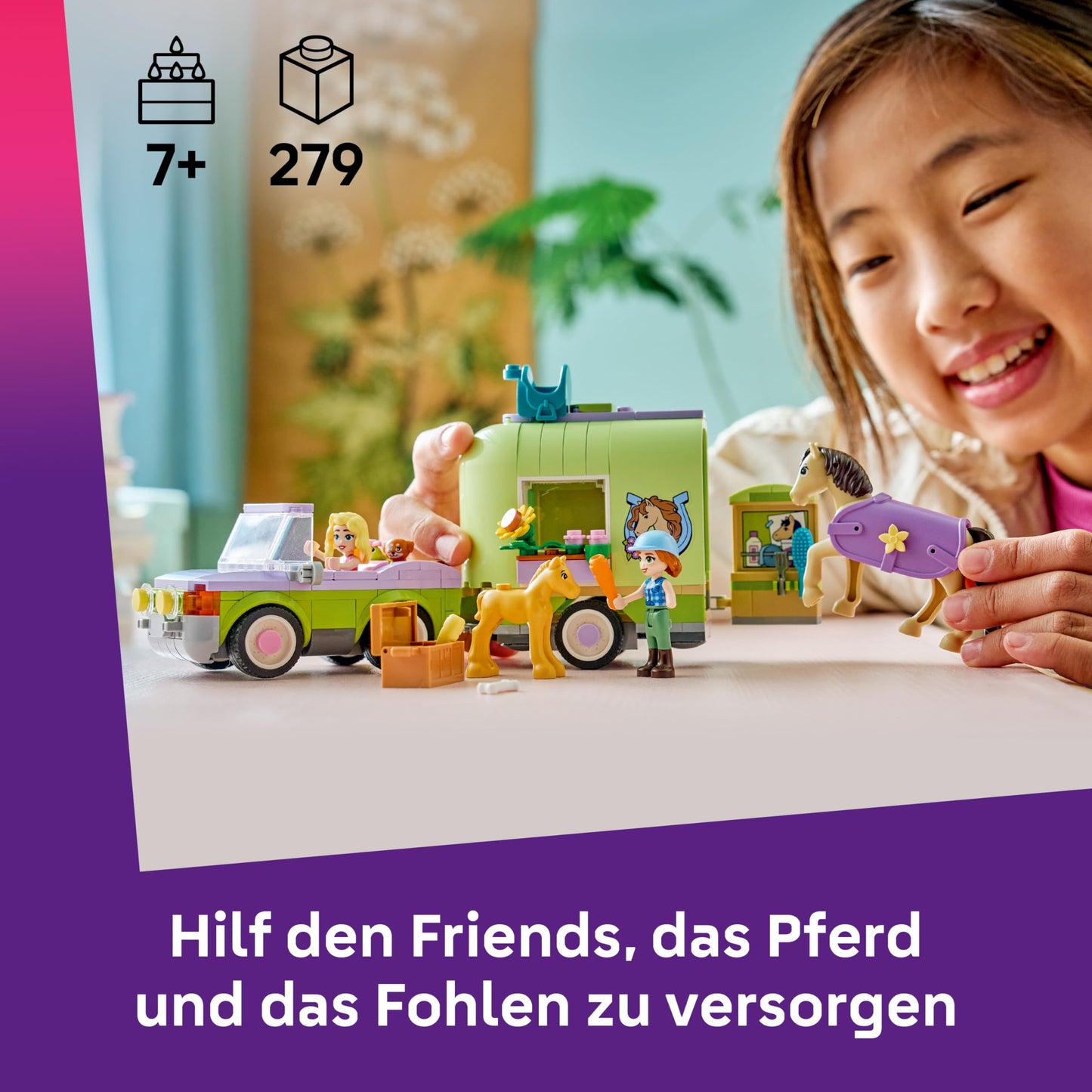 LEGO Friends horse and foal with horse trailer - horse playset with care accessories, 4 animal figures, car & 2 mini dolls - birthday gift idea for girls aged 7 and up - 42695