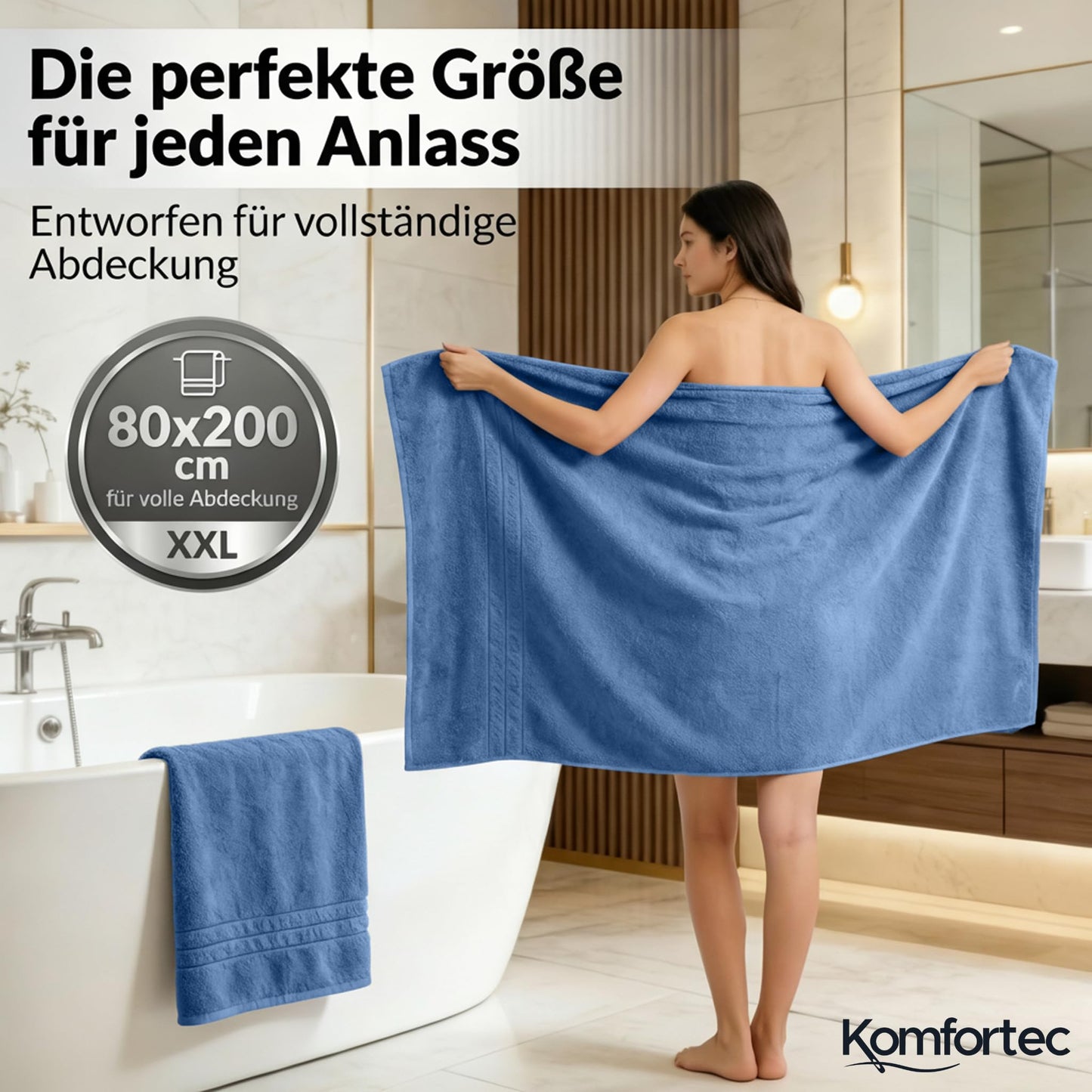 Komfortec 2 sauna towel set 80x200 cm, large sauna towels made of 100% cotton, sauna towels, fluffy and absorbent, quick-drying, light blue - 2er-80x200-hellblau