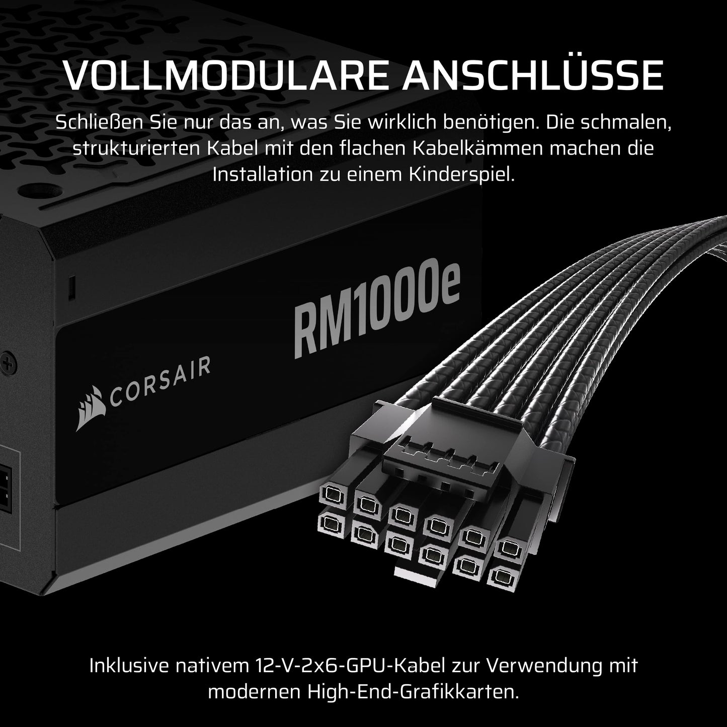 CORSAIR RM1000e (2025) Quiet Fully Modular ATX Power Supply with 12V 2x6 Cable - Zero RPM Fan Mode, ATX 3.1 Compliant, PCIe 5.1 Support, Cybenetics Gold - Black - CP-9020297-EU
