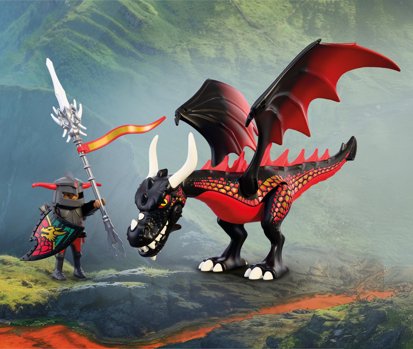 PLAYMOBIL | Knights | Black Dragon | Large fire dragon with shooting function and knight | Dragon toy for children aged 4 and up | 72114
