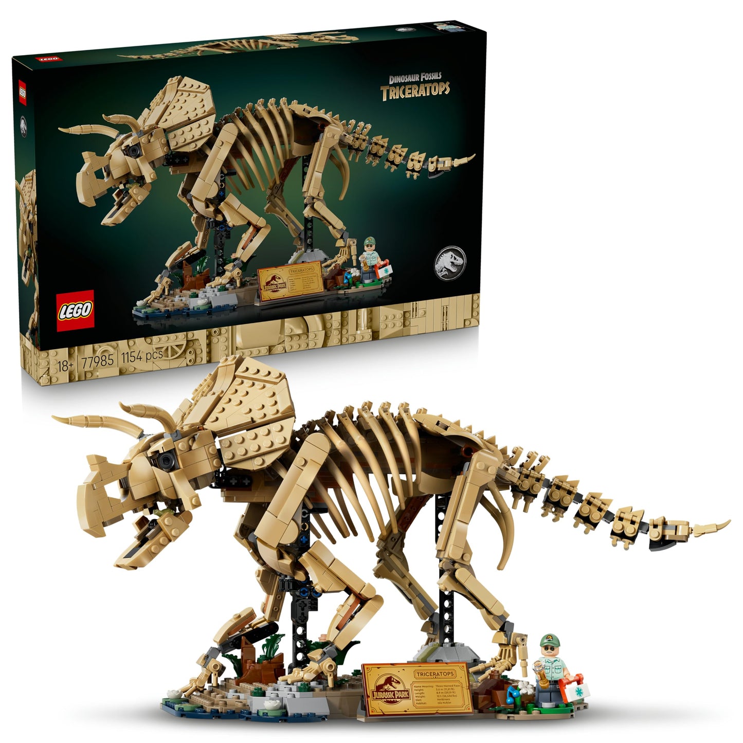 LEGO Jurassic World Dinosaur Fossils: Triceratops - Model building for adults with the minifigure Dr. Gerry Harding - DIY decoration for the shelf - gift idea for Jurassic Park fans - 77985