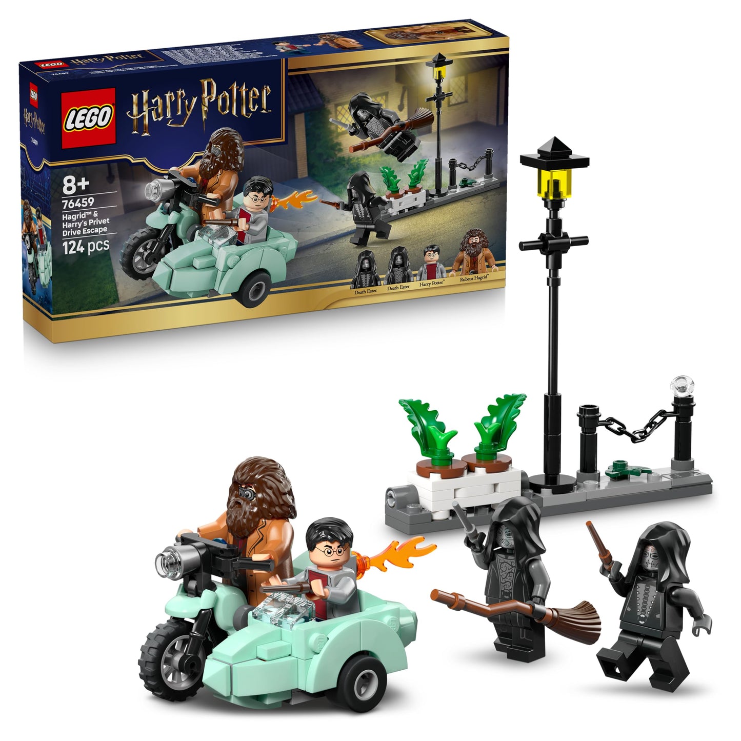 LEGO Harry Potter Hagrid and Harry's Escape from Privet Drive - Motorcycle toy with 4 minifigures - 2 Death Eaters, a street scene - Gift for girls, boys and fans aged 8 and over - 76459