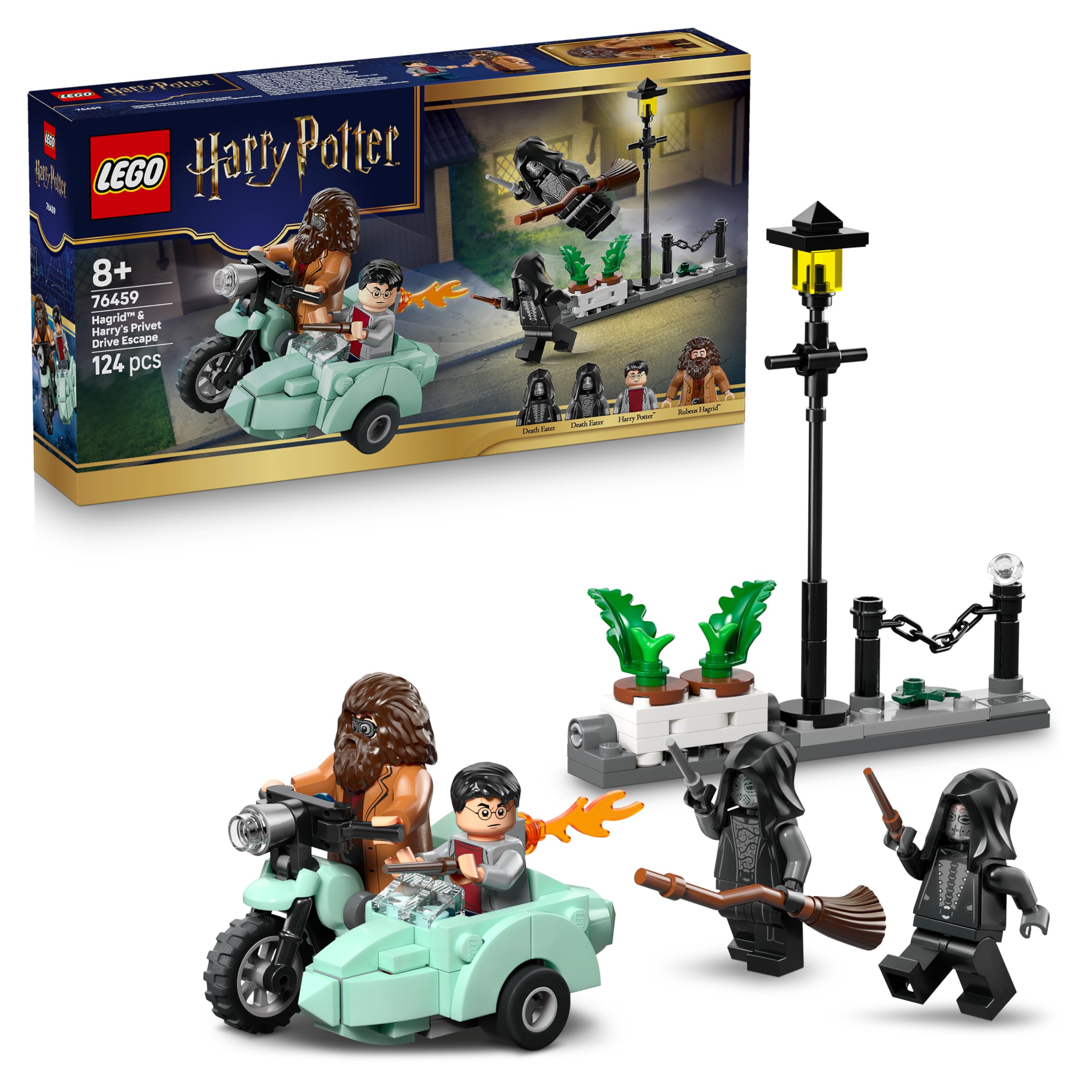 LEGO Harry Potter Hagrid and Harry's Escape from Privet Drive - Motorcycle toy with 4 minifigures - 2 Death Eaters, a street scene - Gift for girls, boys and fans aged 8 and over - 76459