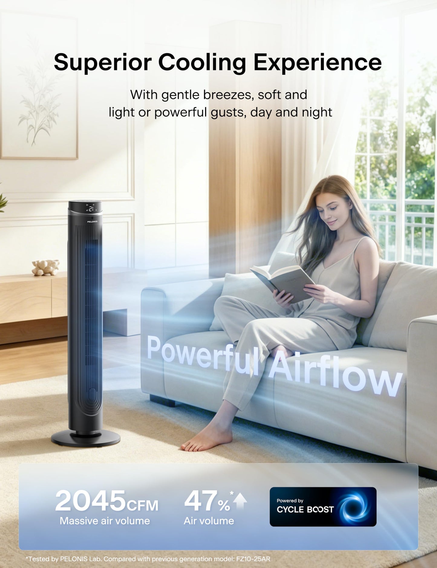 Pelonis pedestal fan with DC motor, 12 speeds, 90° oscillation, AI temperature mode, 24h timer, touch control & remote control - quiet & energy saving for home & office - PFT125ARCPKDE