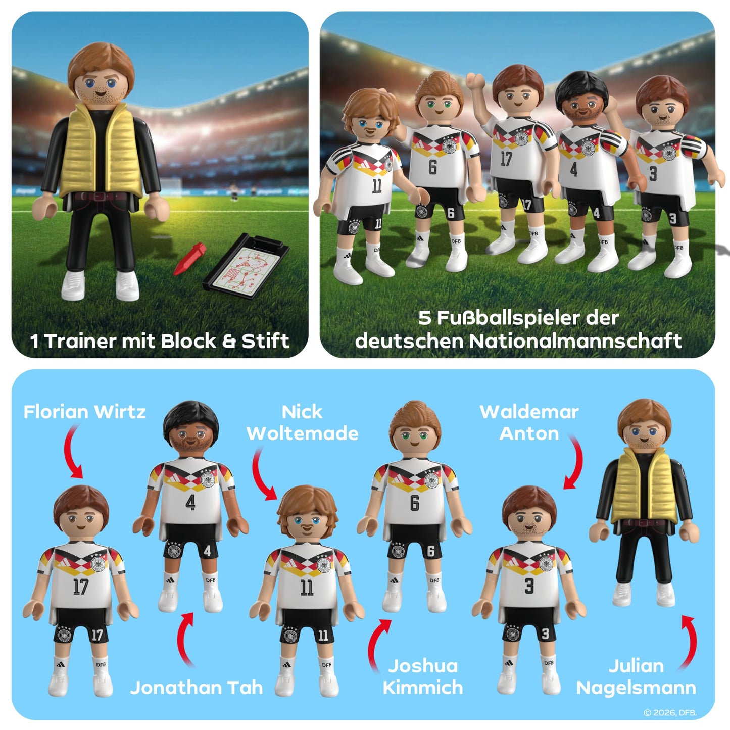 PLAYMOBIL | DFB | World Cup Collector's Set 1 | Football World Cup with Florian Wirtz, Jonathan Tah, Nick Woltemade, Joshua Kimmich, Waldemar Anton & trainer | 210449
