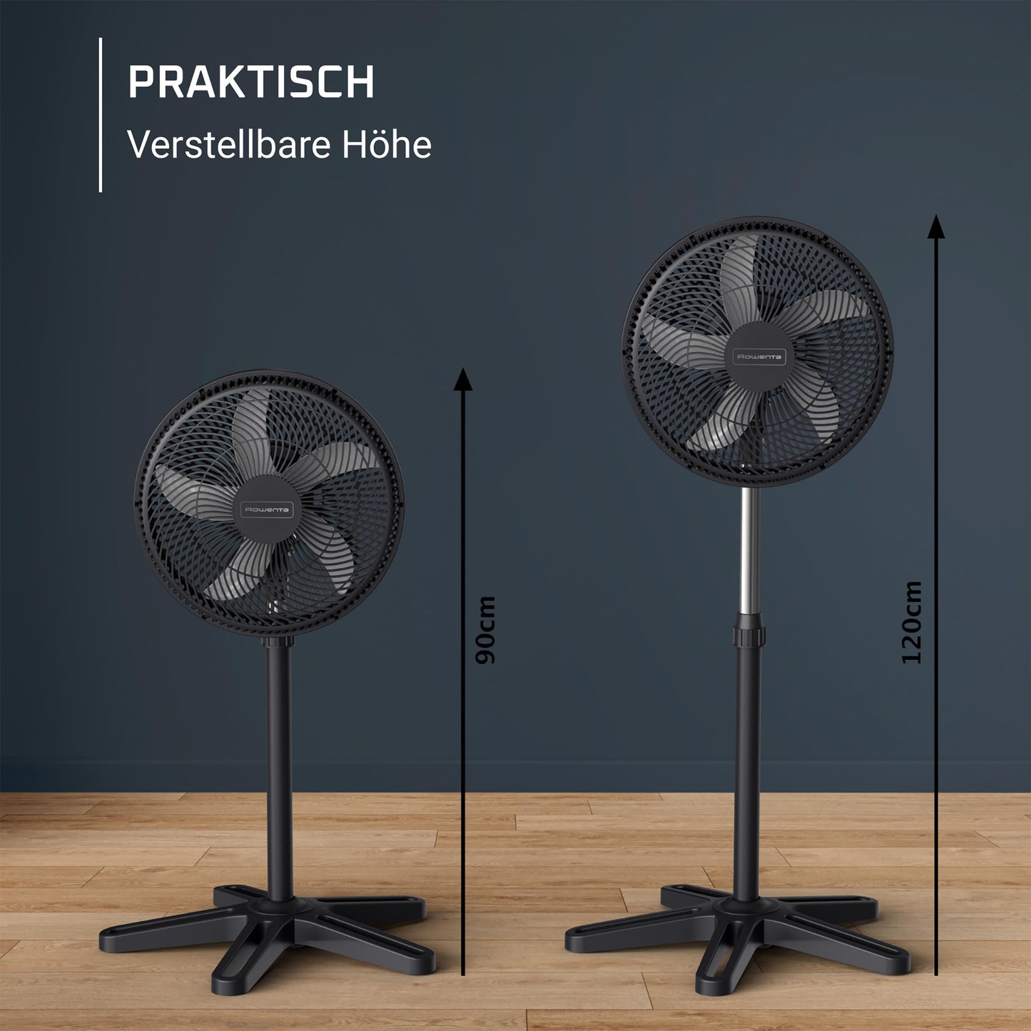 Rowenta Turbo Essential Pedestal Fan - powerful table/stand fan with 3 speed levels, quiet 58 dB, height adjustable & oscillating, compact for office, living room/bedroom, VU3110F3