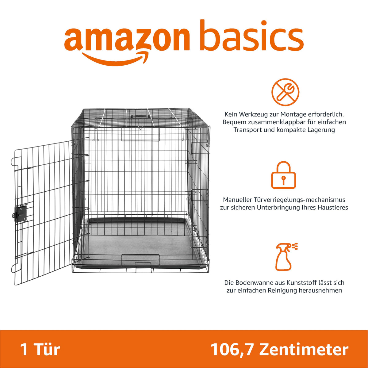 Amazon Basics Foldable Metal Wire Dog Crate with Floor Tray, Single Door, 106.7 x 71.1 x 76.2 cm (L x W x H), Black - 9001N-42A