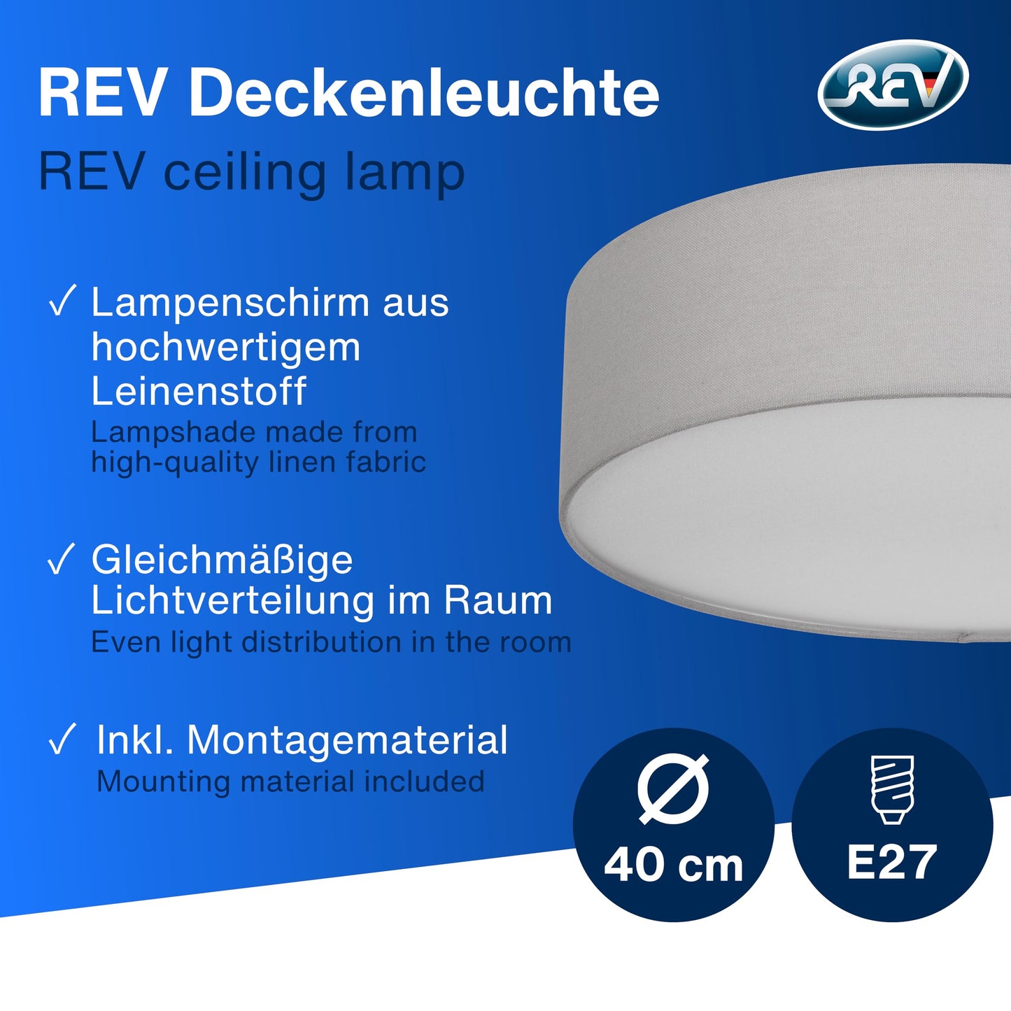 REV ceiling light - ceiling lamp kitchen, bedroom & living room around 40cm with fabric lampshade in a vintage look, gray - 2900025045