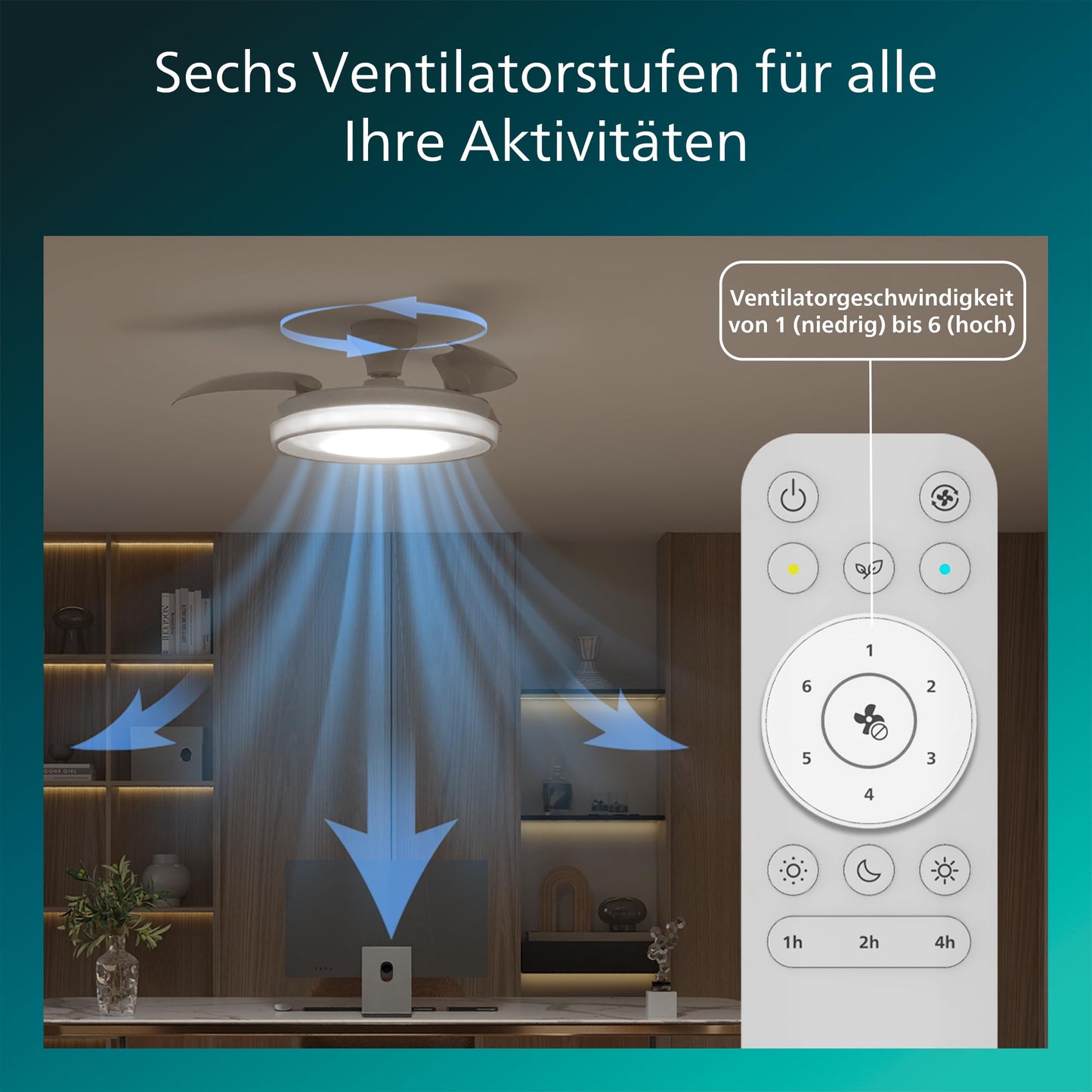 Philips Bliss ceiling fan with LED light and retractable blades, 3 blades, 106 cm wingspan, 4,500 lumens, adjustable. Light (3,000 K to 6,500 K), dimmable up to 5%, including remote control, white - 929004749601