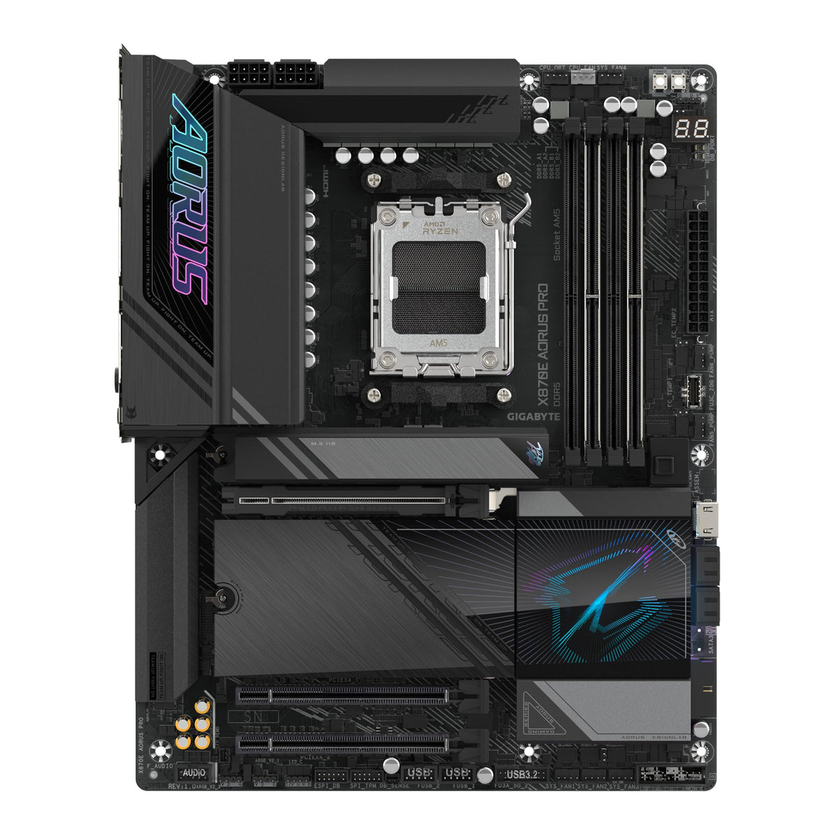 GIGABYTE X870E AORUS PRO-Mainboard - Suportă procesoarele AMD Ryzen 9000, 16+2+2 faze Digital-VRM, până la 8000MHz DDR5 (OC), 3xPCIe 5.0, Wi-Fi 7, 2.5GbE LAN, USB 4