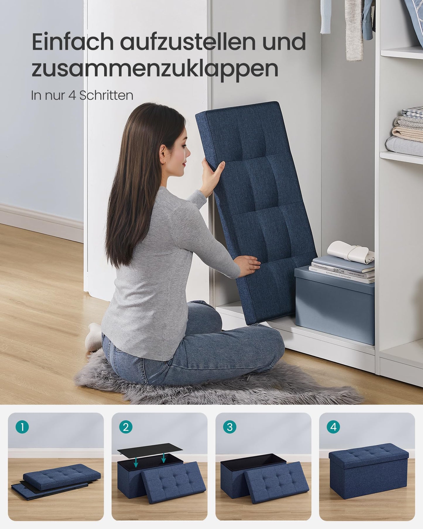 SONGMICS Stool with storage space, folding bench, 38 x 76 x 38 cm footstool, storage box, load capacity up to 300 kg, for living room, bedroom, hallway, midnight blue LSF47IN - SUPTMAX