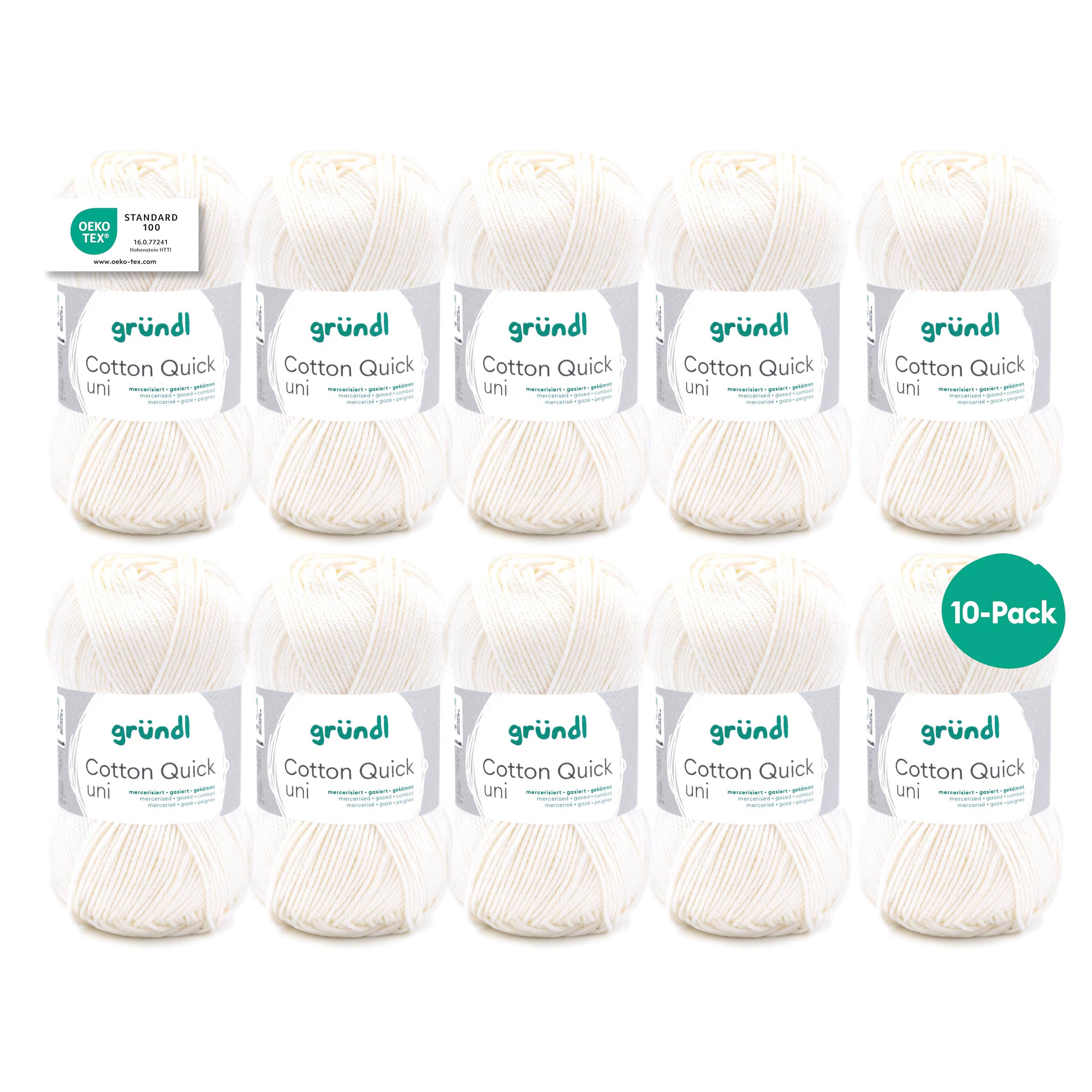 Gründl Wolle Cotton Quick uni - thin wool for crocheting - knitting yarn - crochet yarn - shiny and skin-friendly - 100% cotton - 10 balls 50 g / 125 m - needle size 3-4 - off-white - 865-132